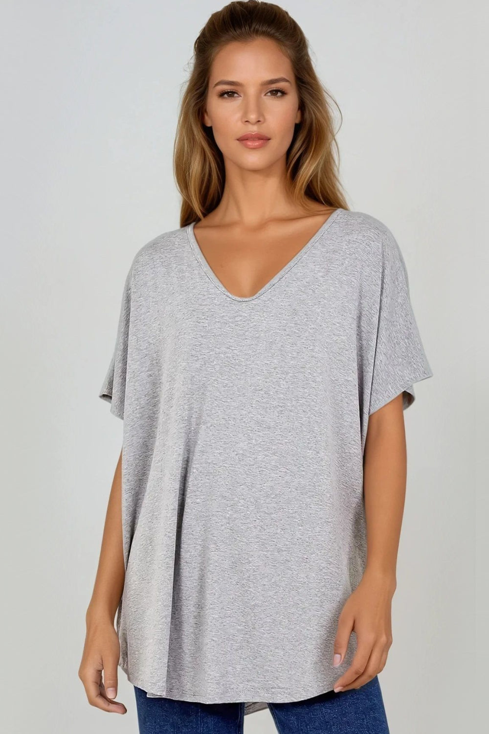 Light Grey Oversized V Neck T Shirt-0