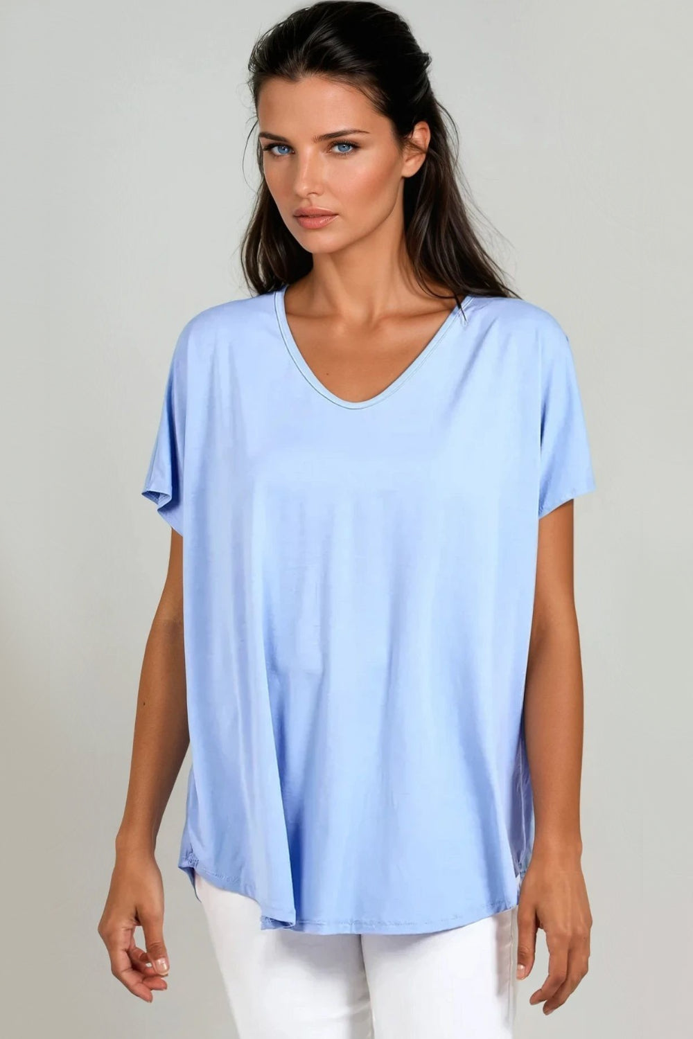Light Blue Oversized V Neck T Shirt-0
