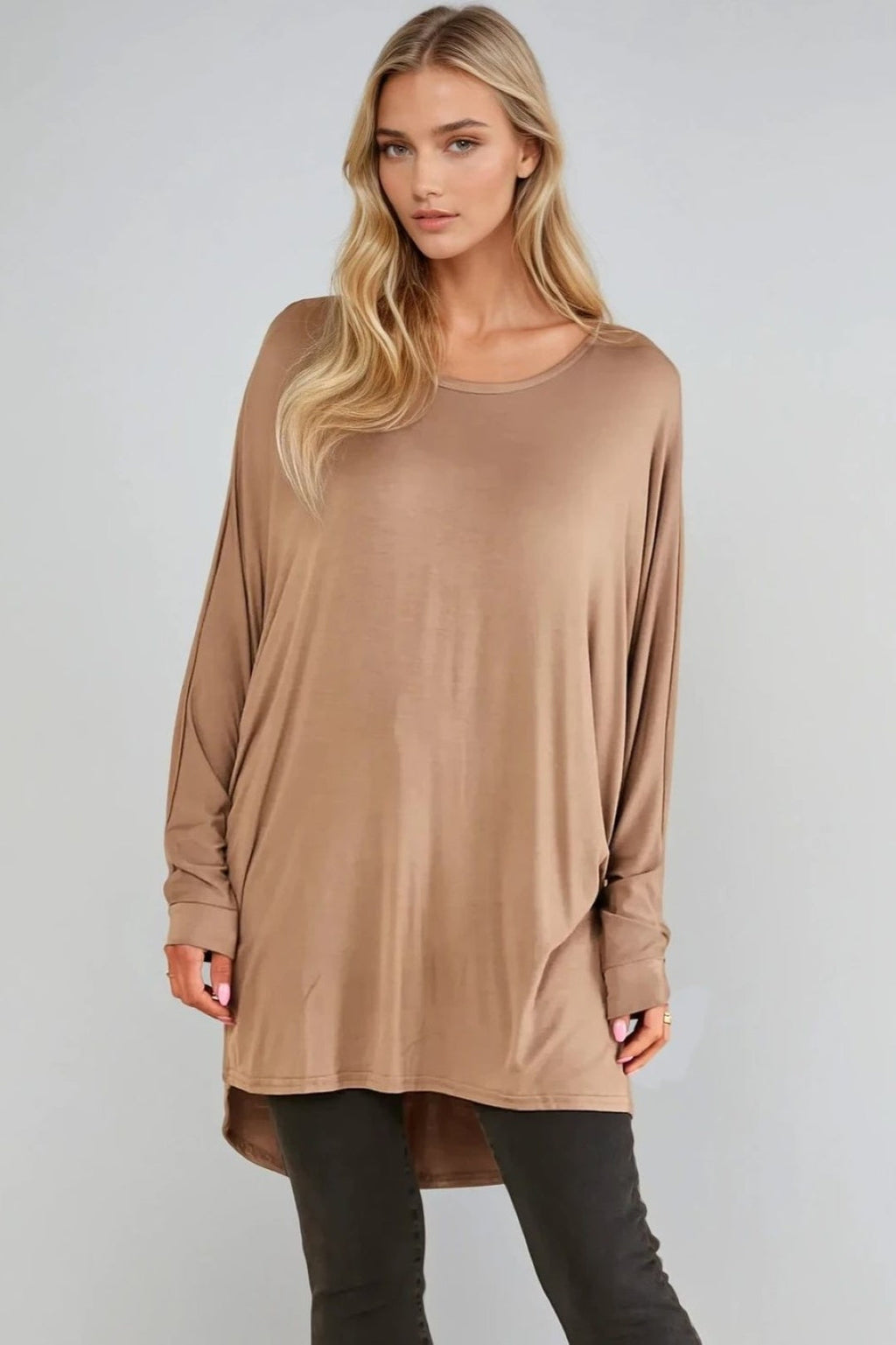 Mocha Oversized Batwing High Low Top-0