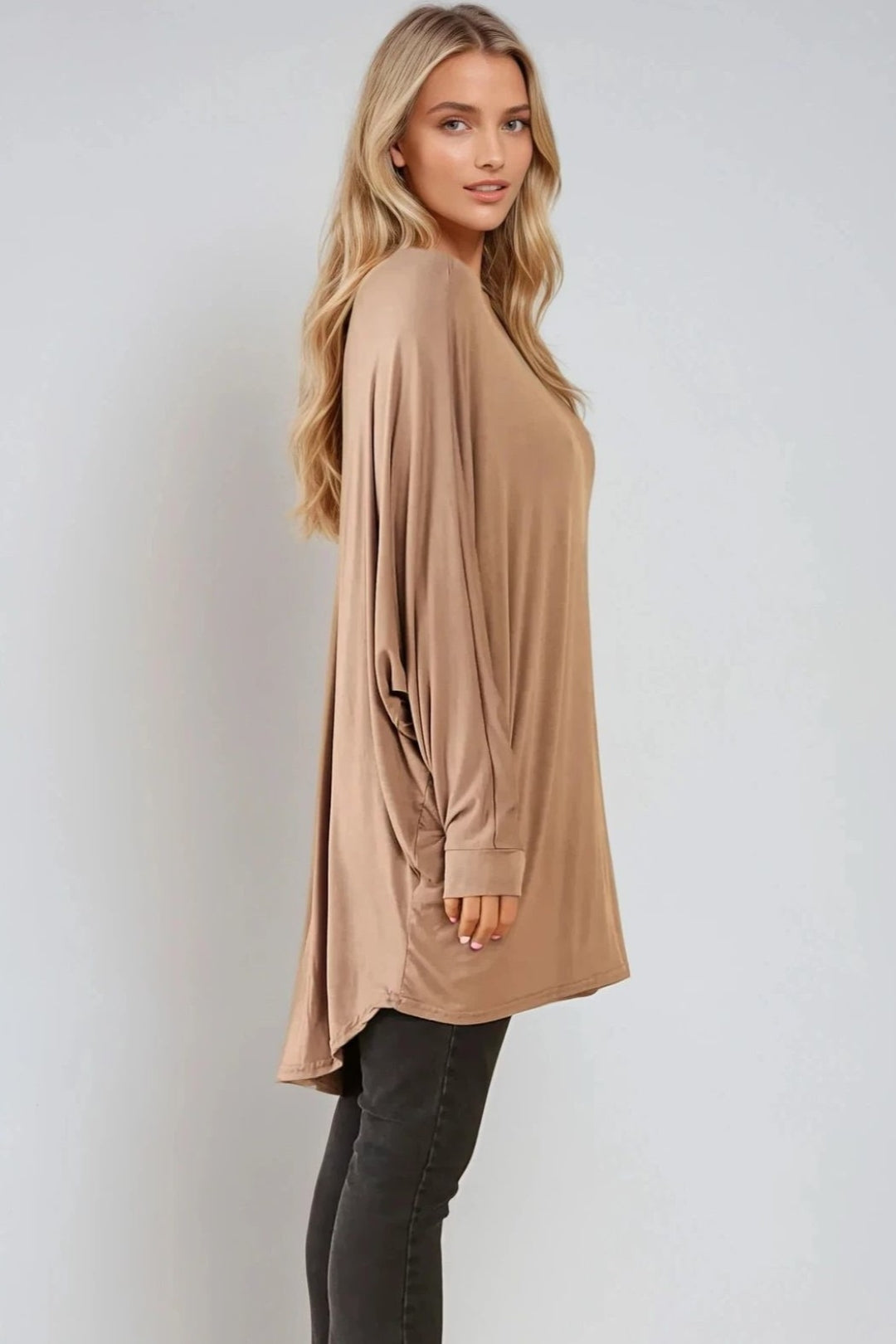 Mocha Oversized Batwing High Low Top-1