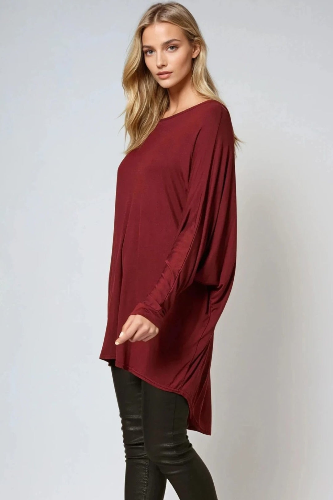 Wine Oversized Batwing High Low Top-1