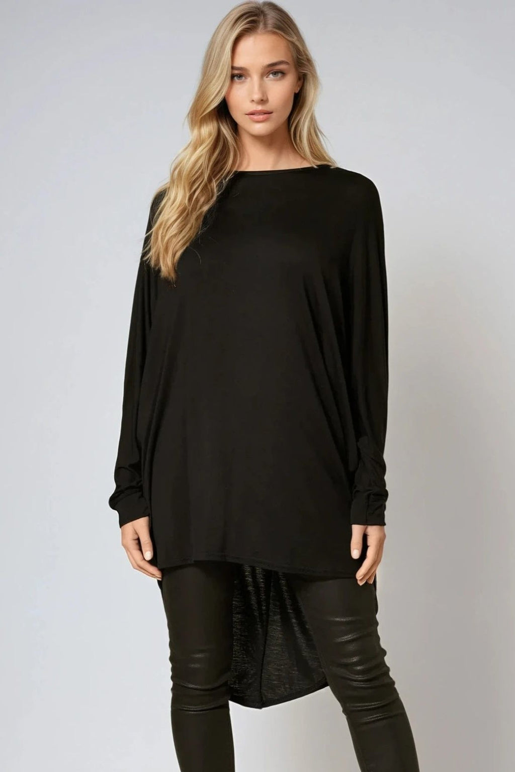 Black Oversized Batwing High Low Top-0