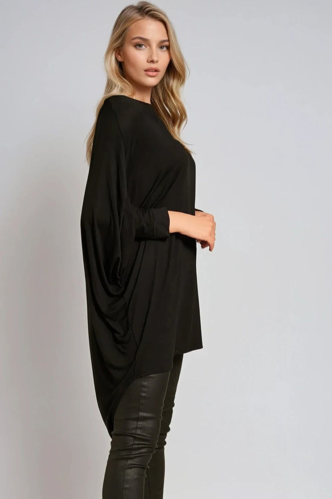 Black Oversized Batwing High Low Top-1