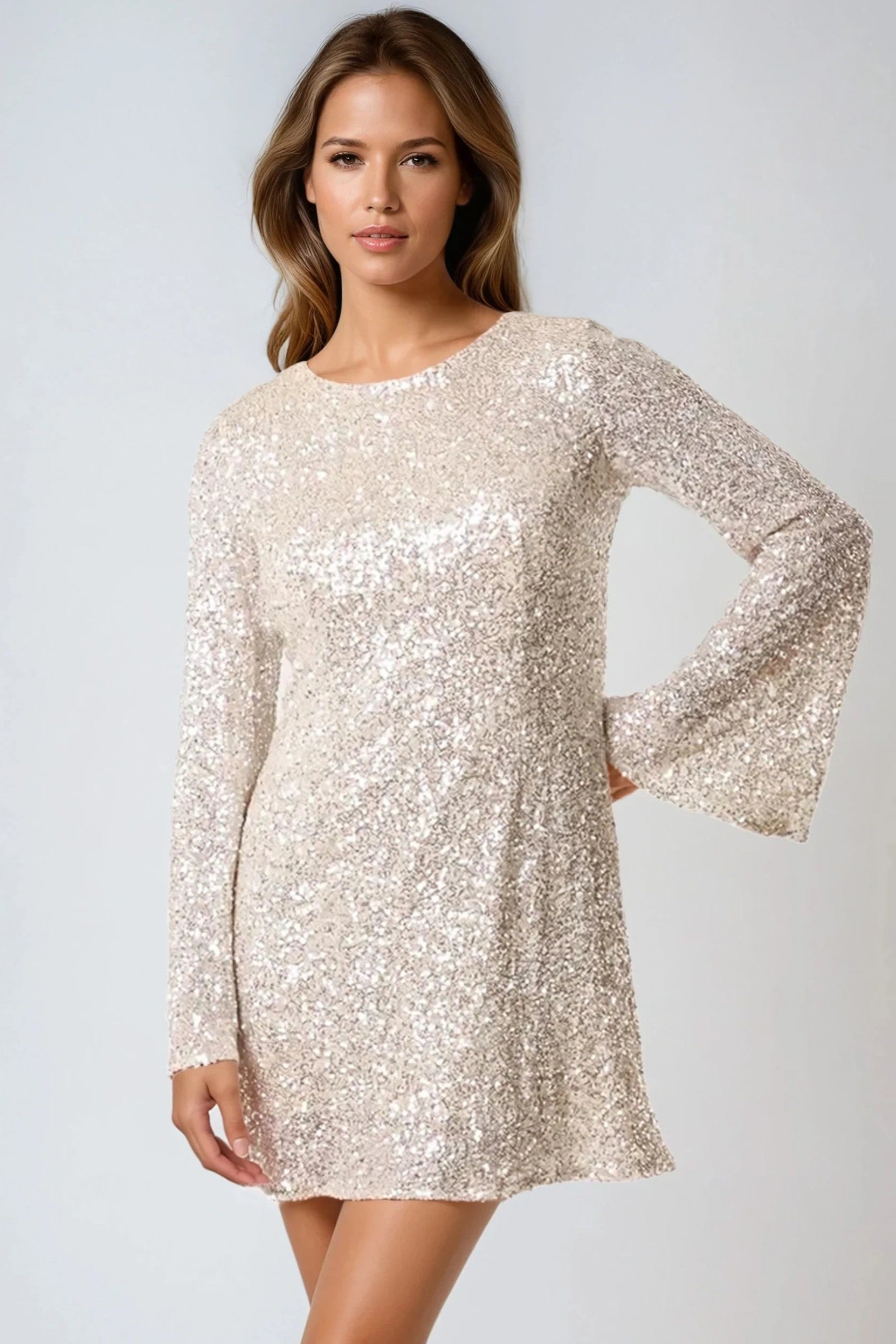 Champagne Bow Back Sequin Mini Dress-0