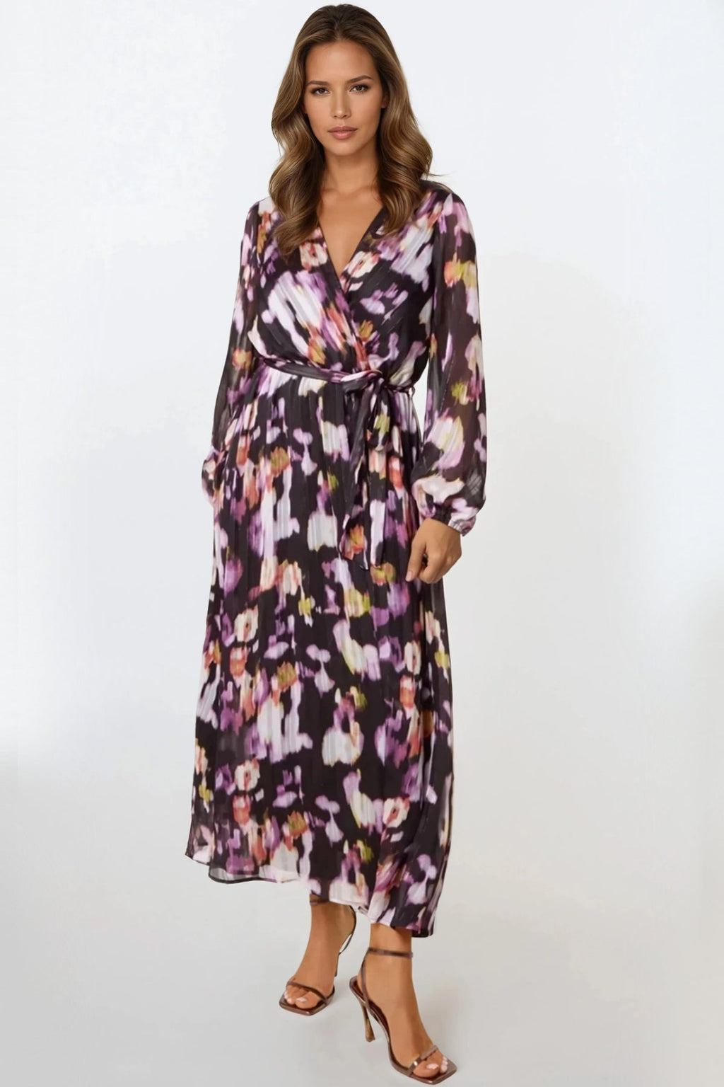 Black Abstract Print Wrap Midi Dress-0