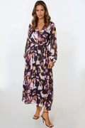 Black Abstract Print Wrap Midi Dress-0