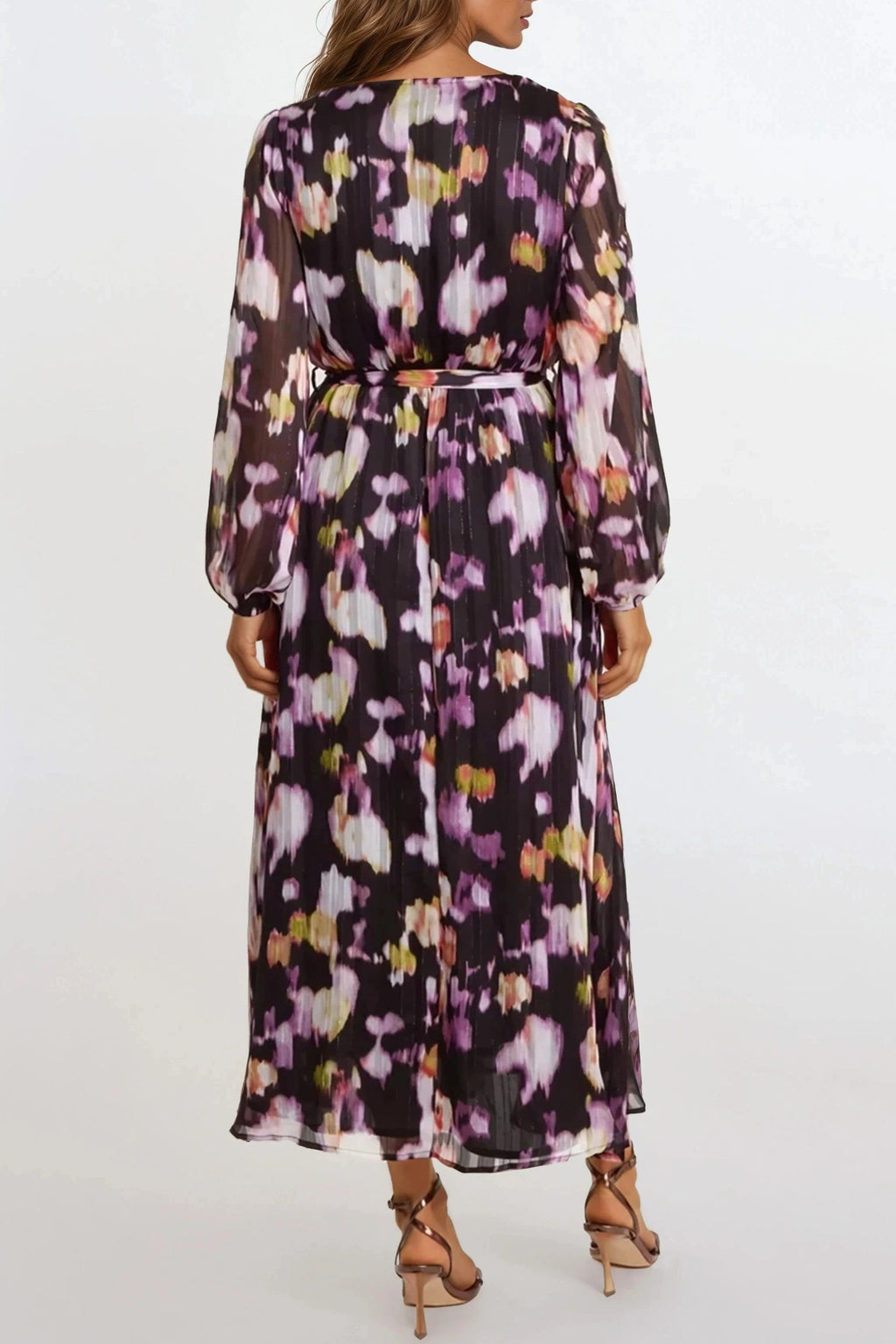 Black Abstract Print Wrap Midi Dress-2