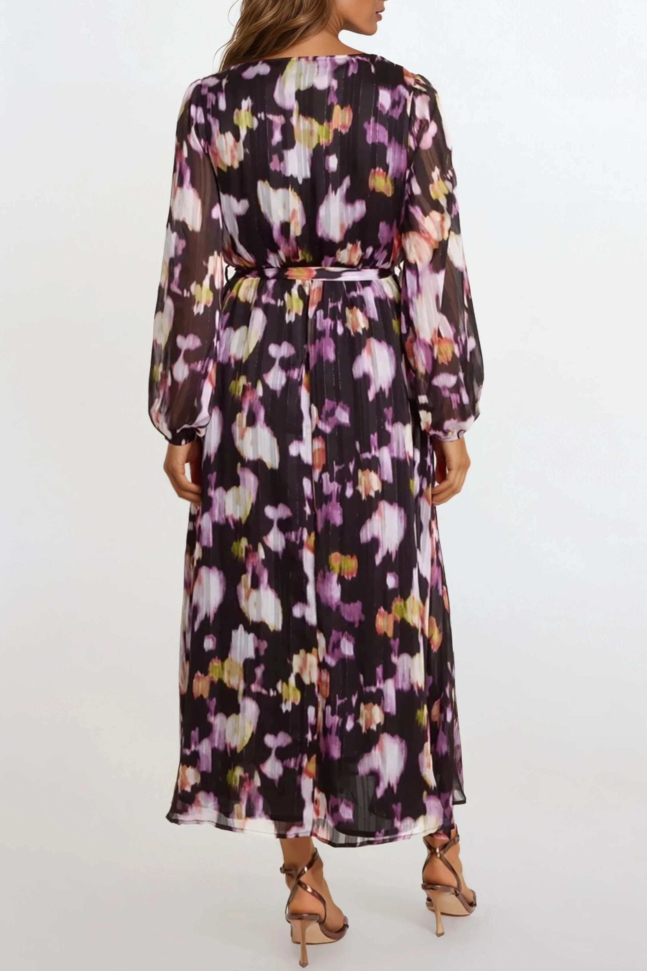 Black Abstract Print Wrap Midi Dress-2