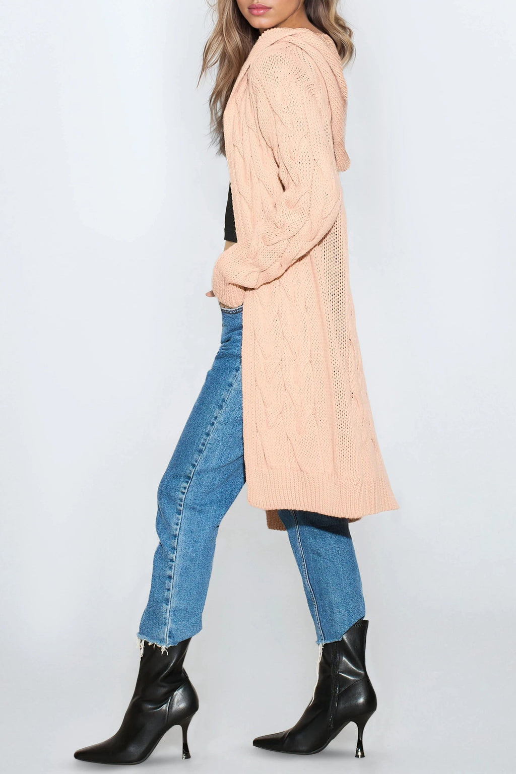 Pink Hooded Cable Knitted Longline Cardigan-2