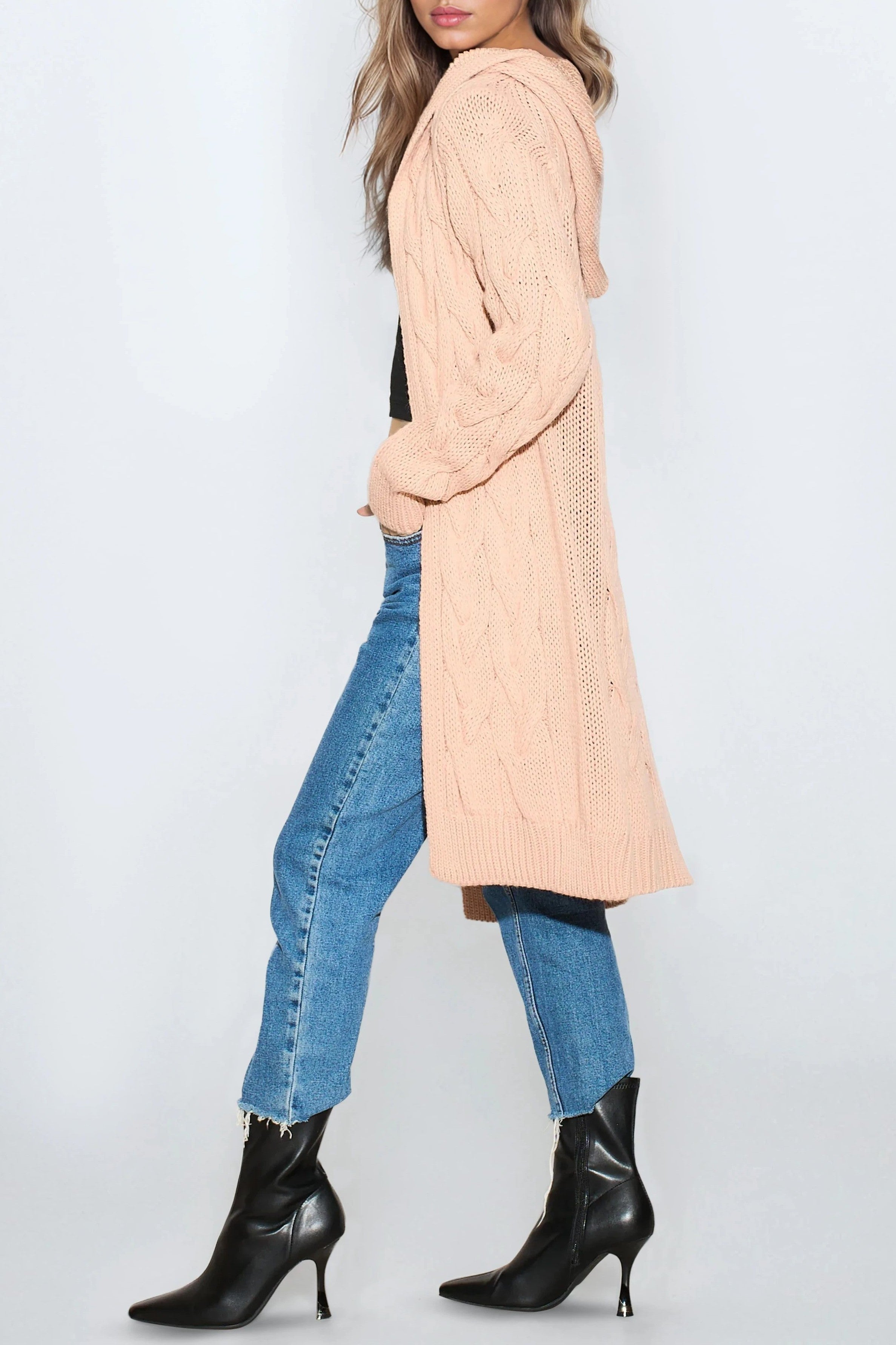 Pink Hooded Cable Knitted Longline Cardigan-2