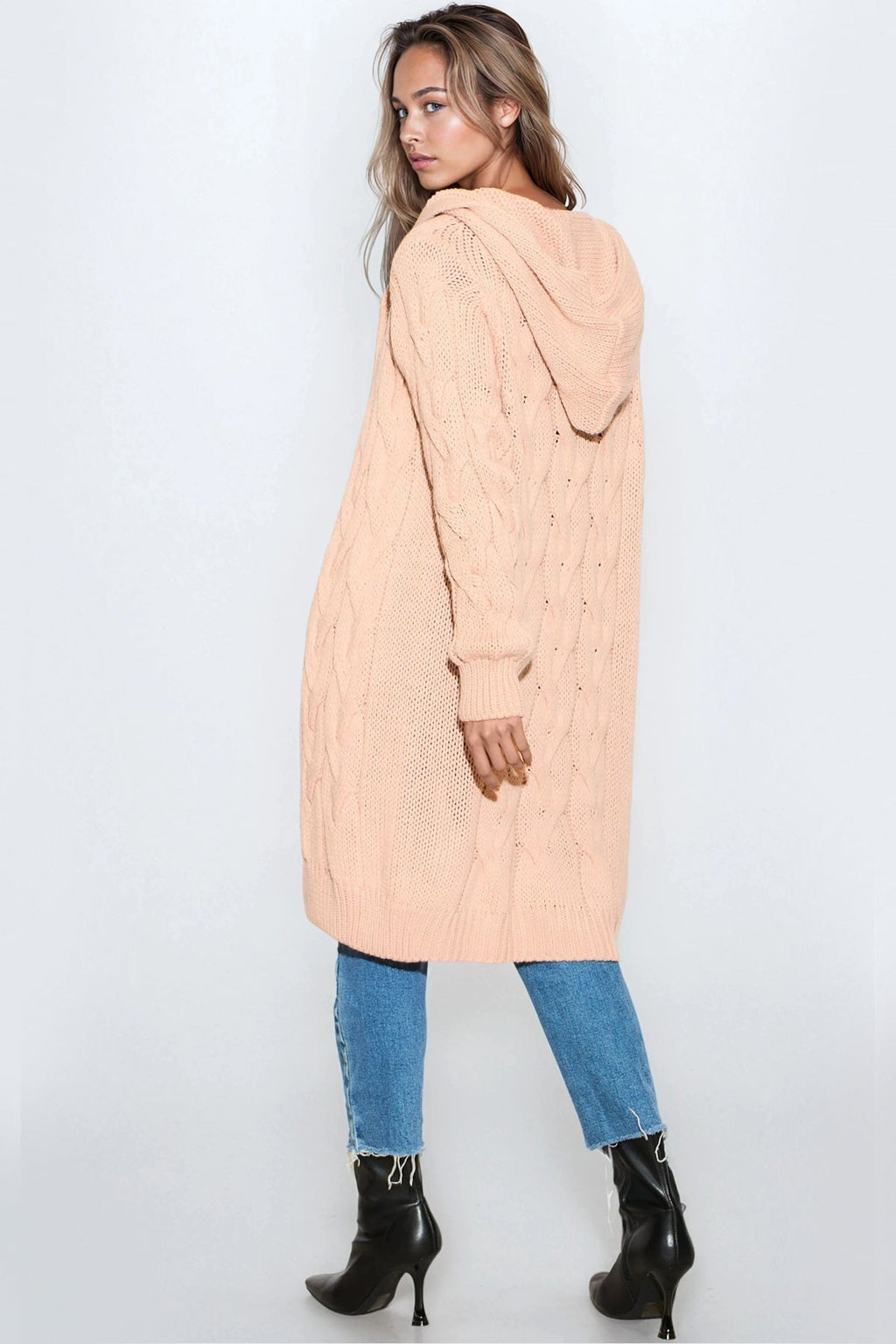 Pink Hooded Cable Knitted Longline Cardigan-3