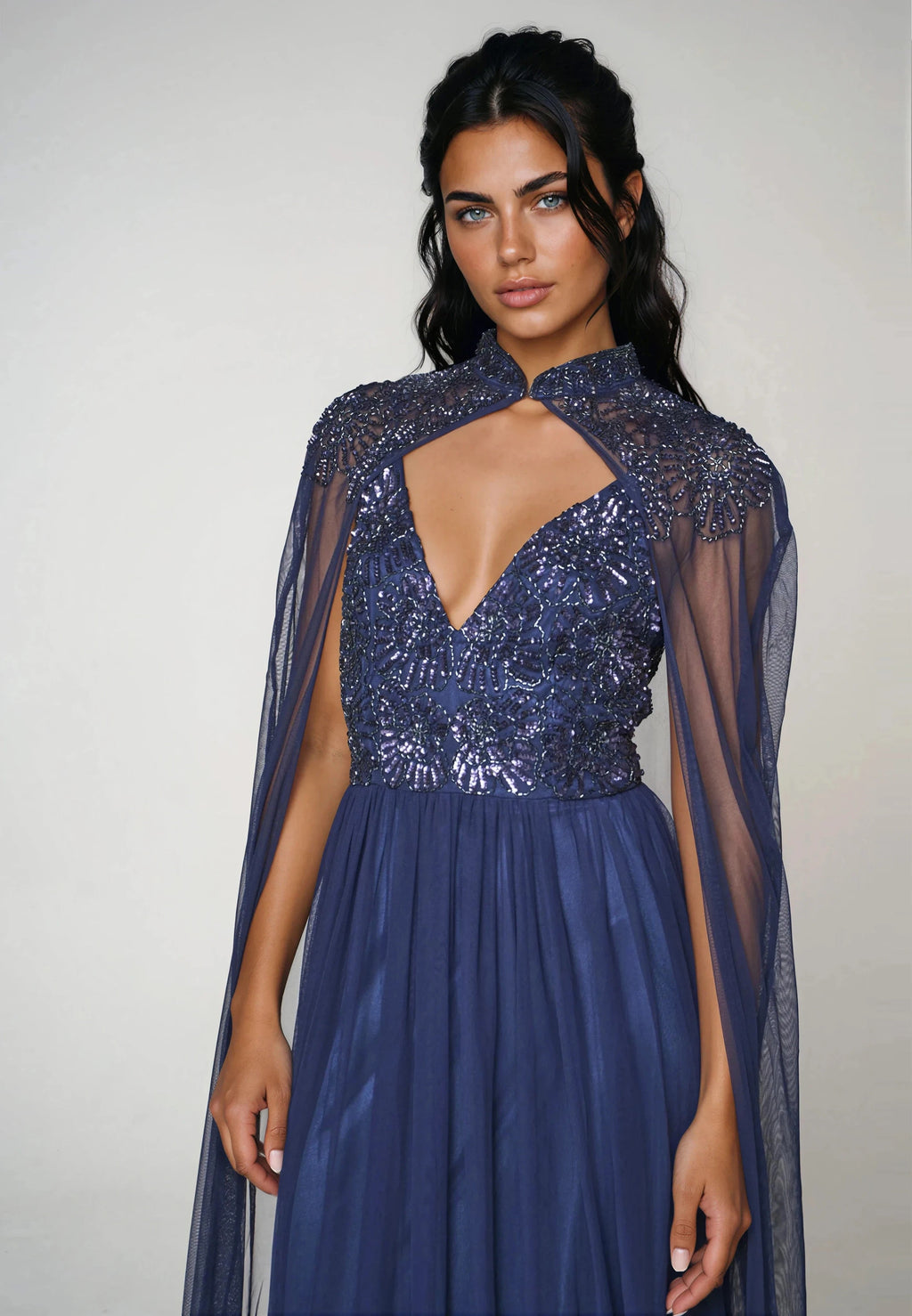 Navy Embellished Strappy Maxi Evening Dress with Detachable Cape-2