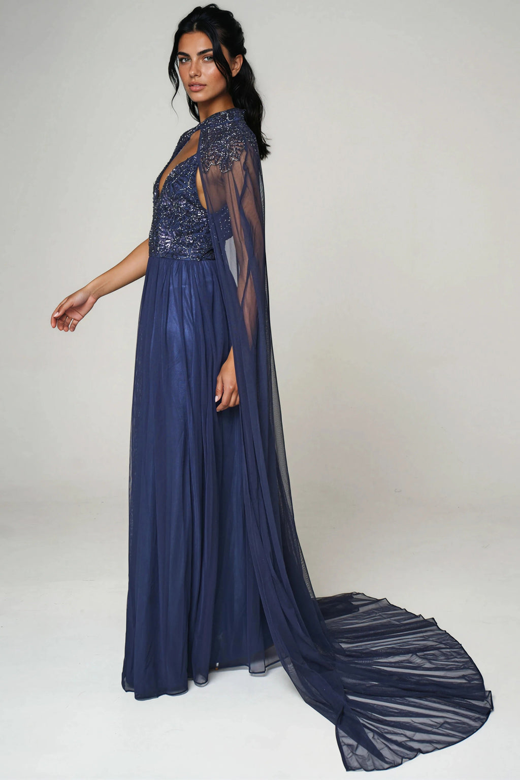 Navy Embellished Strappy Maxi Evening Dress with Detachable Cape-3