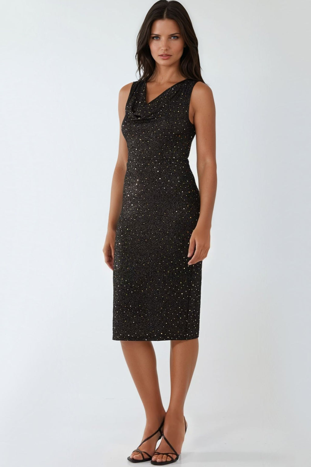 Gold Black Cowl Neck Midi Dress-0