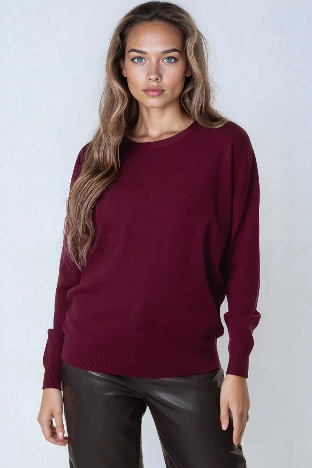 Burgundy Crew Neck Fine Knit Jumper-0