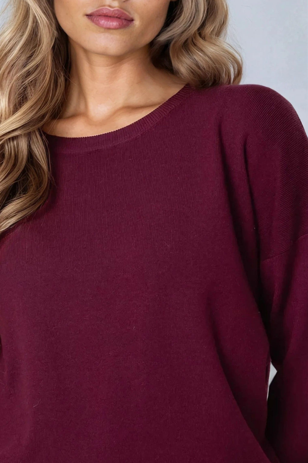 Burgundy Crew Neck Fine Knit Jumper-1