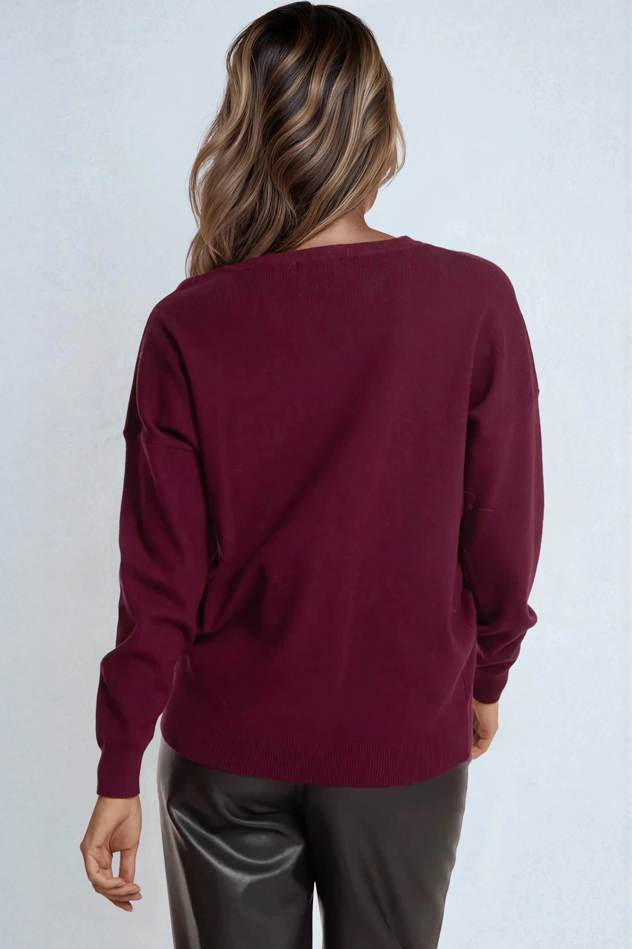 Burgundy Crew Neck Fine Knit Jumper-2