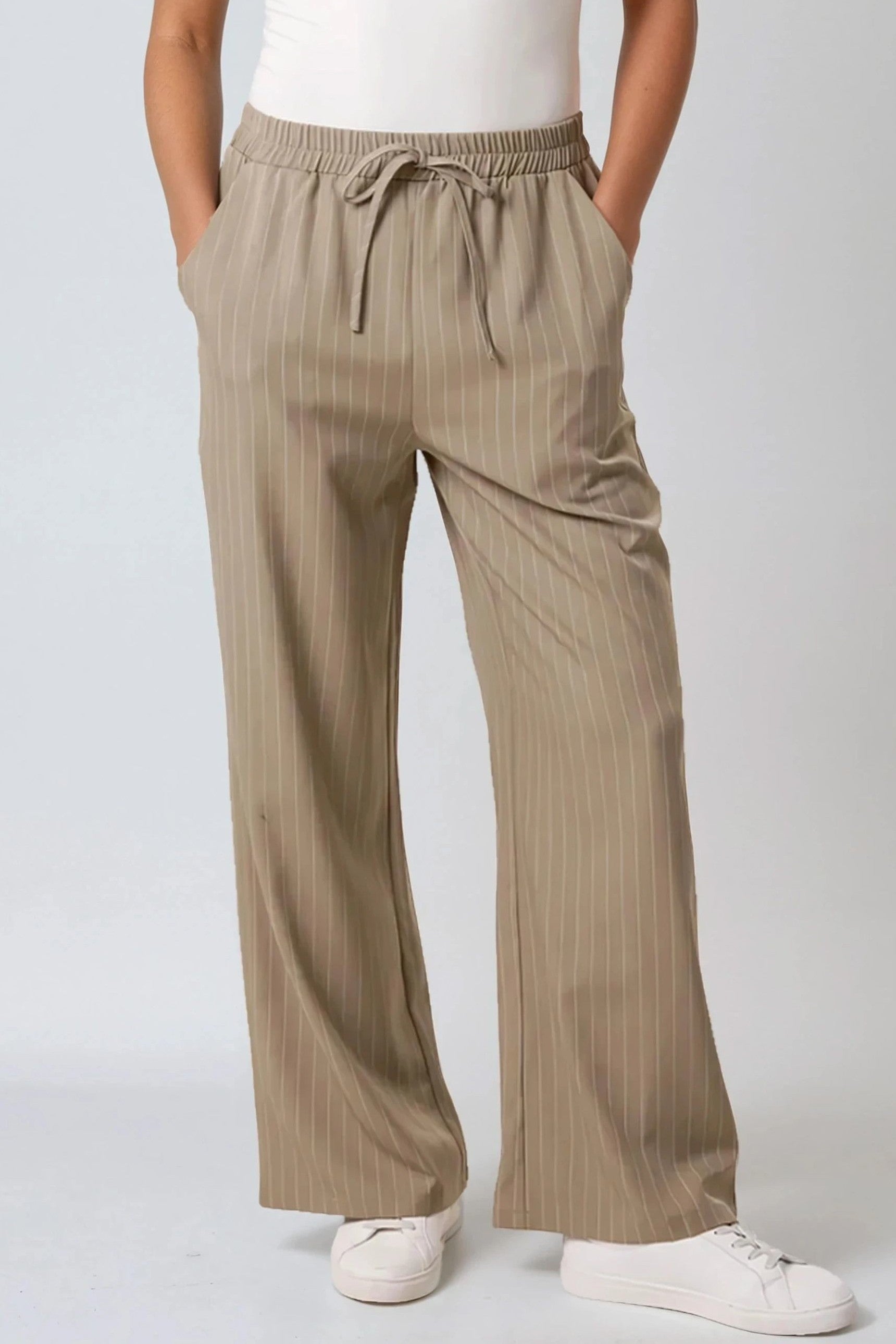 Khaki Pinstripe Wide Leg Trousers and Waistcoat Co-Ord Set-2
