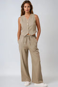 Khaki Pinstripe Wide Leg Trousers and Waistcoat Co-Ord Set-0