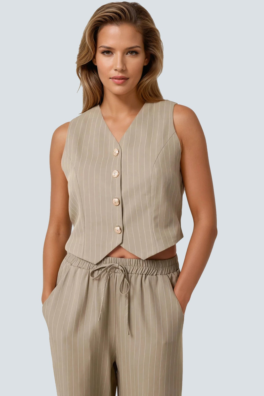 Khaki Pinstripe Wide Leg Trousers and Waistcoat Co-Ord Set-1