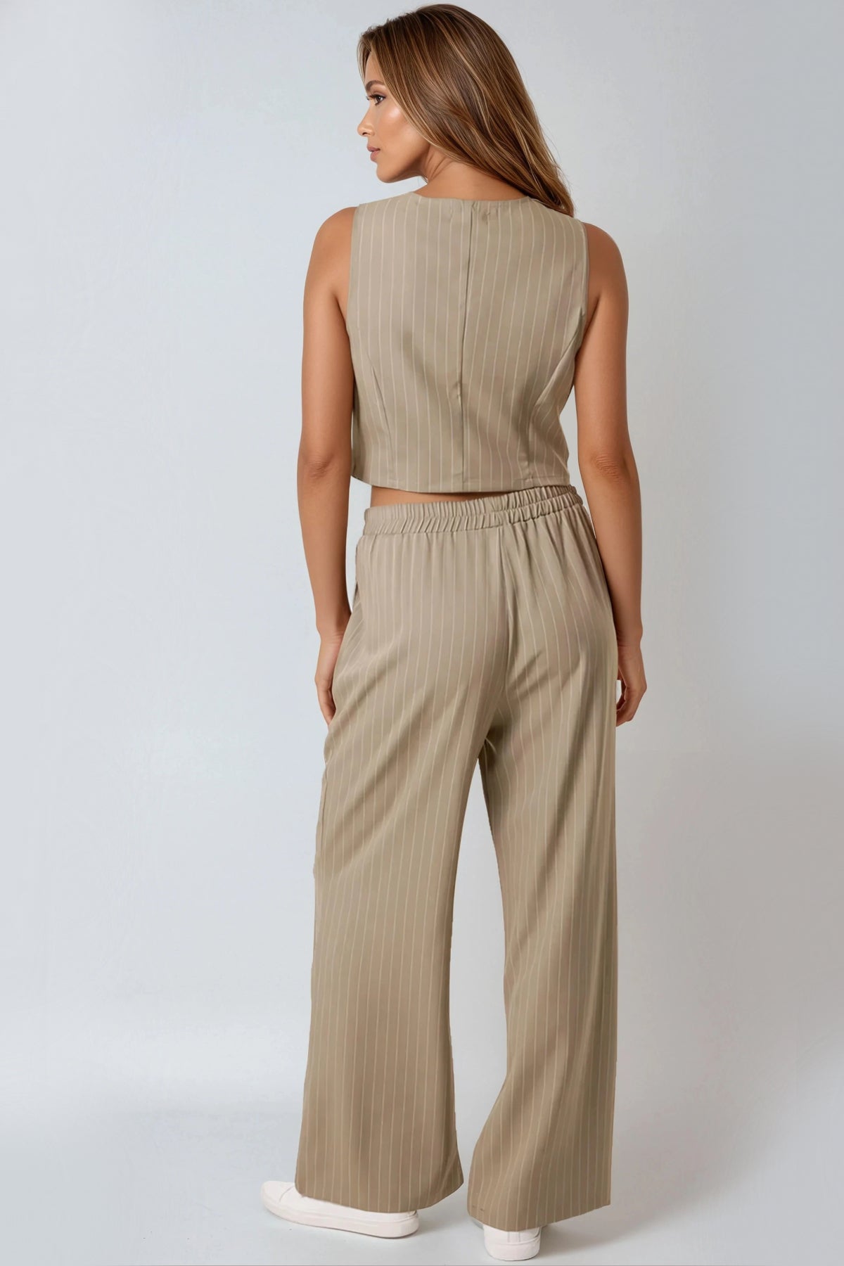 Khaki Pinstripe Wide Leg Trousers and Waistcoat Co-Ord Set-3