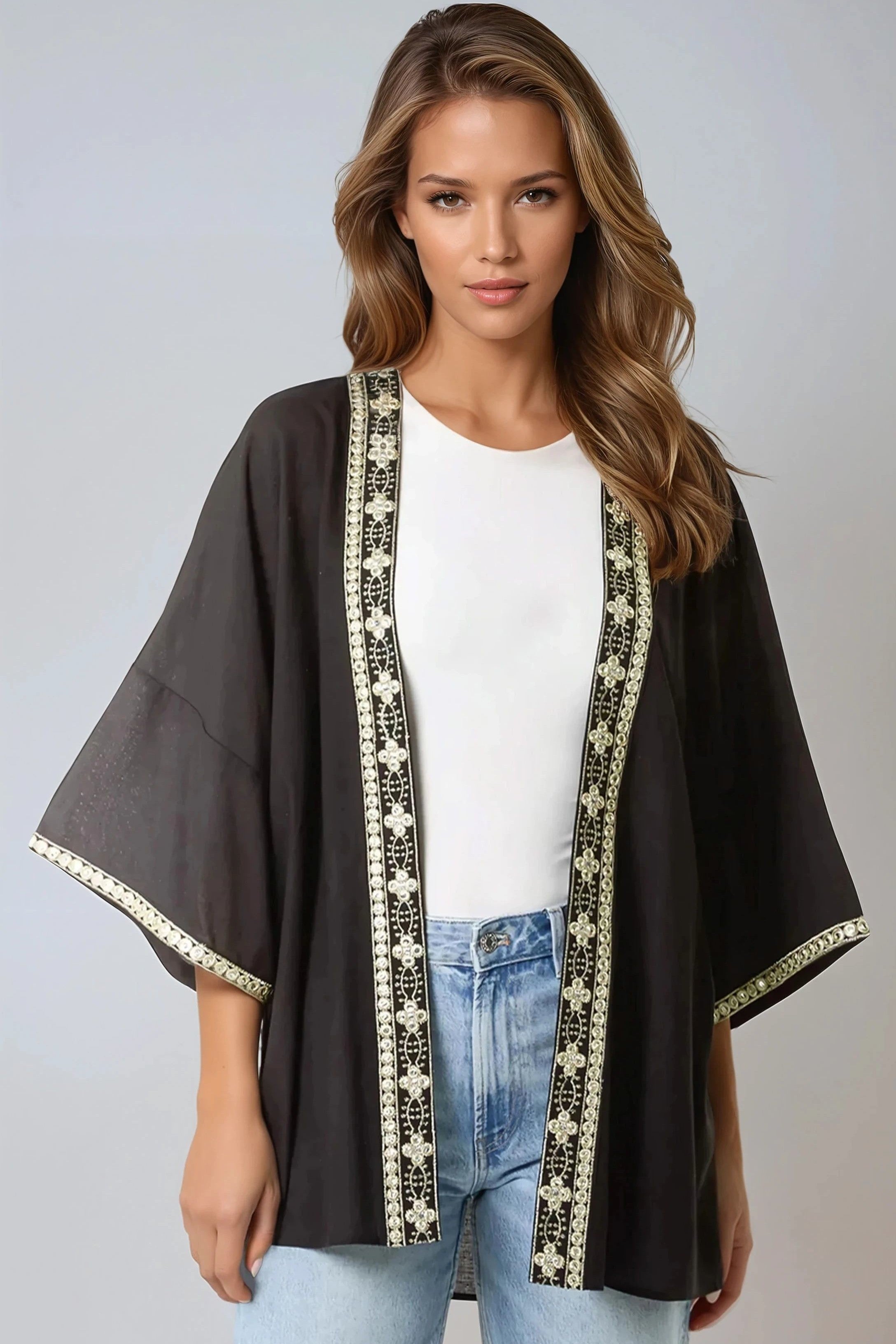 Black Embellished Edge Kimono-0