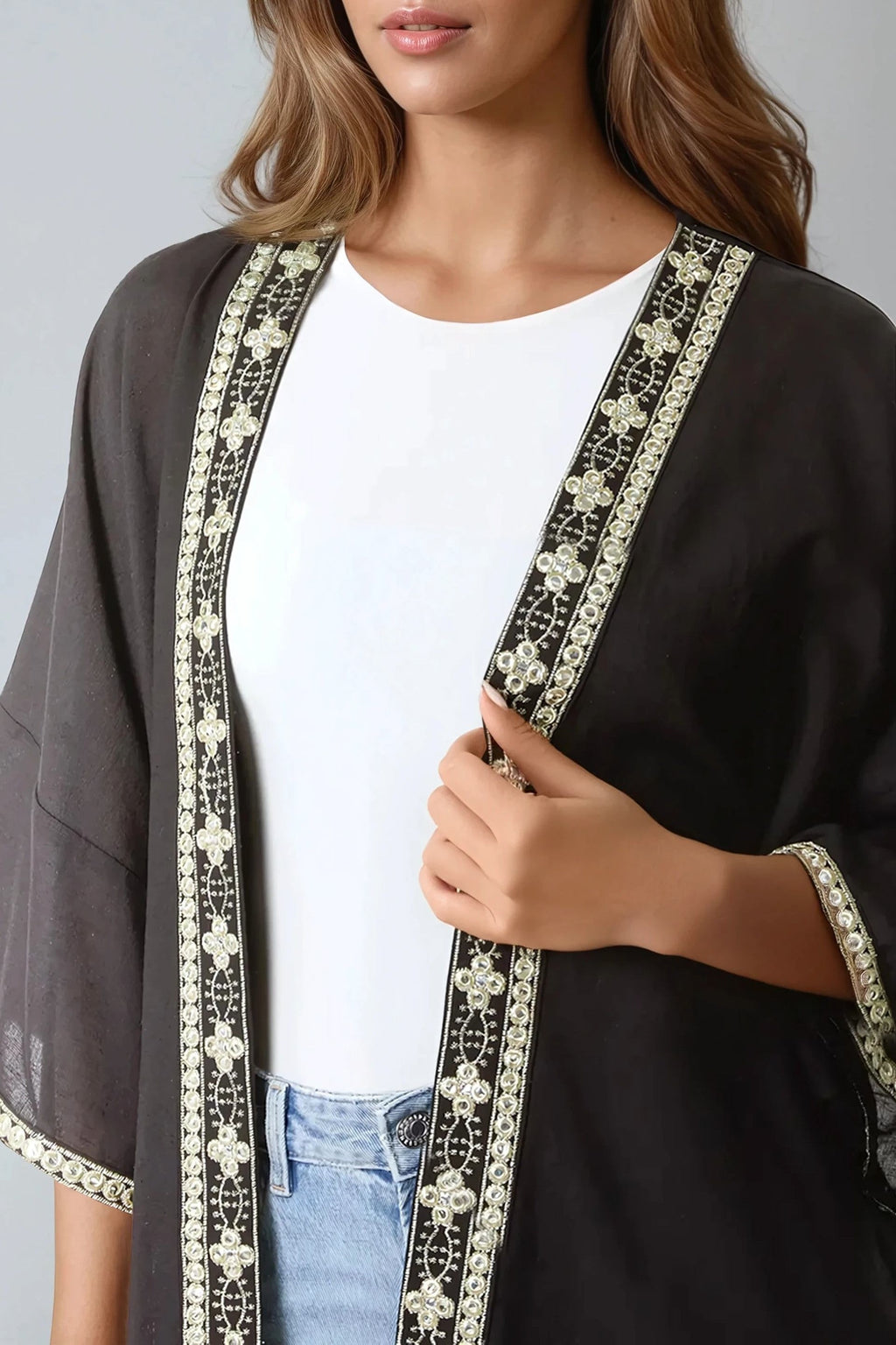 Black Embellished Edge Kimono-1