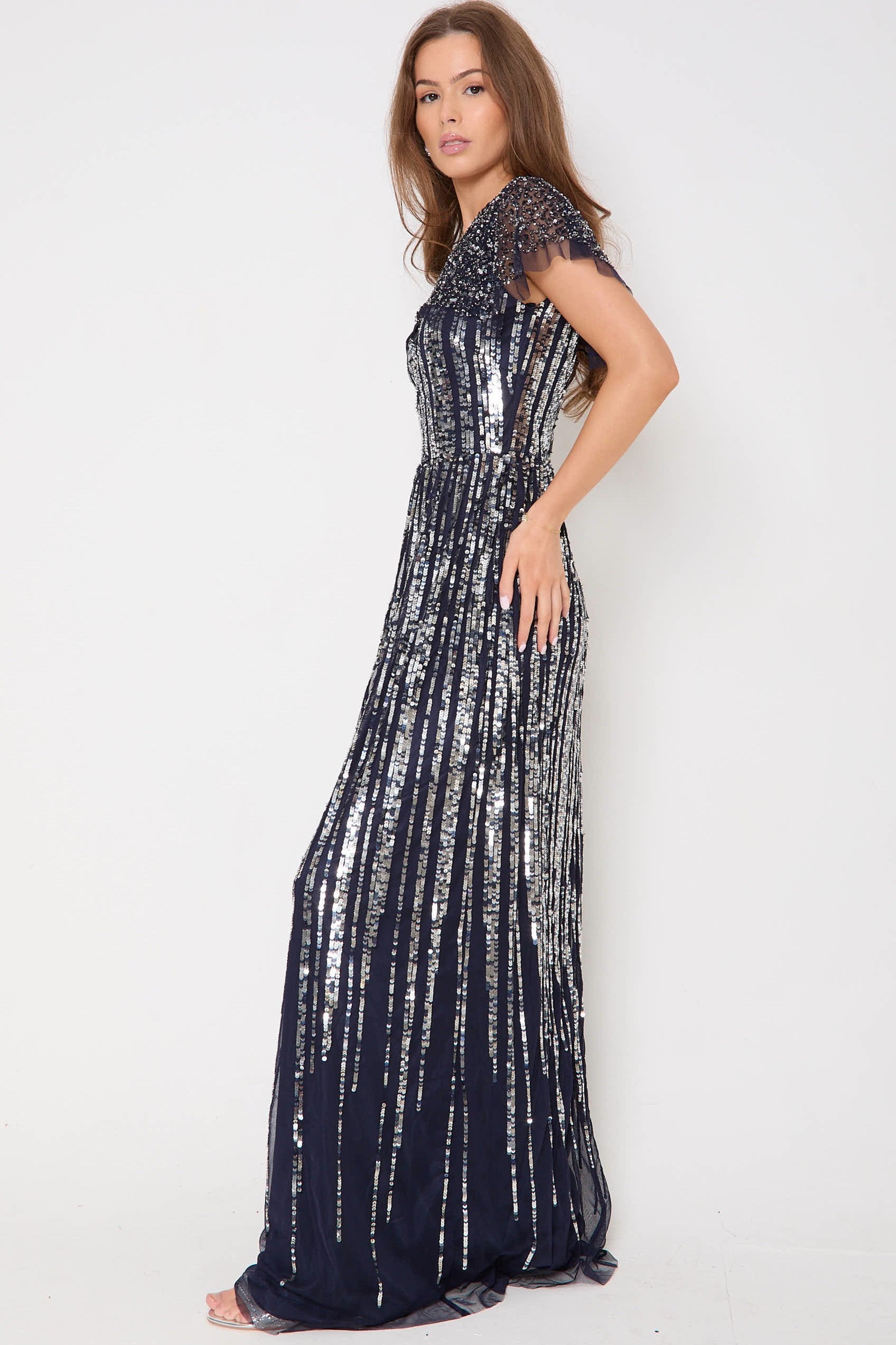 Navy Silver Sequin Maxi Dress-1