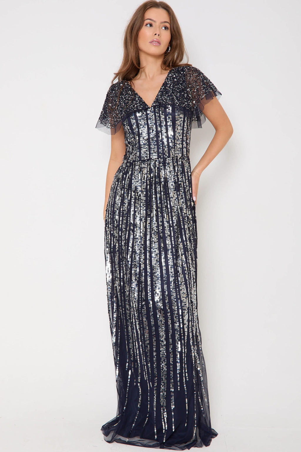 Navy Silver Sequin Maxi Dress-2