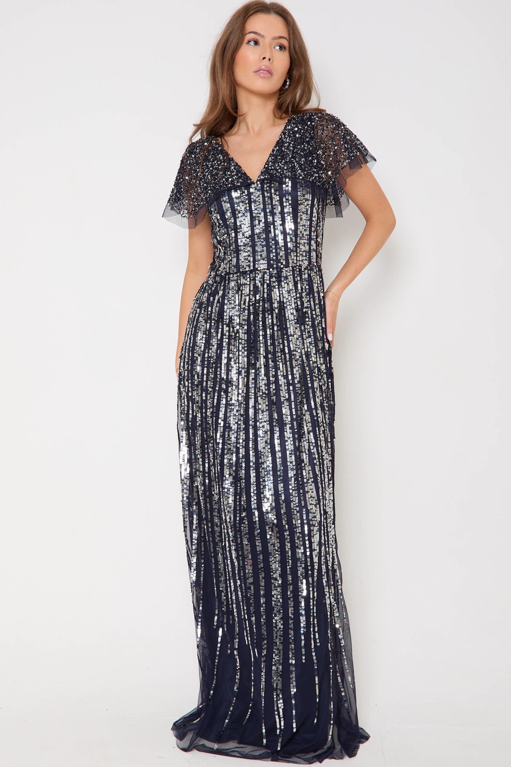 Navy Silver Sequin Maxi Dress-2