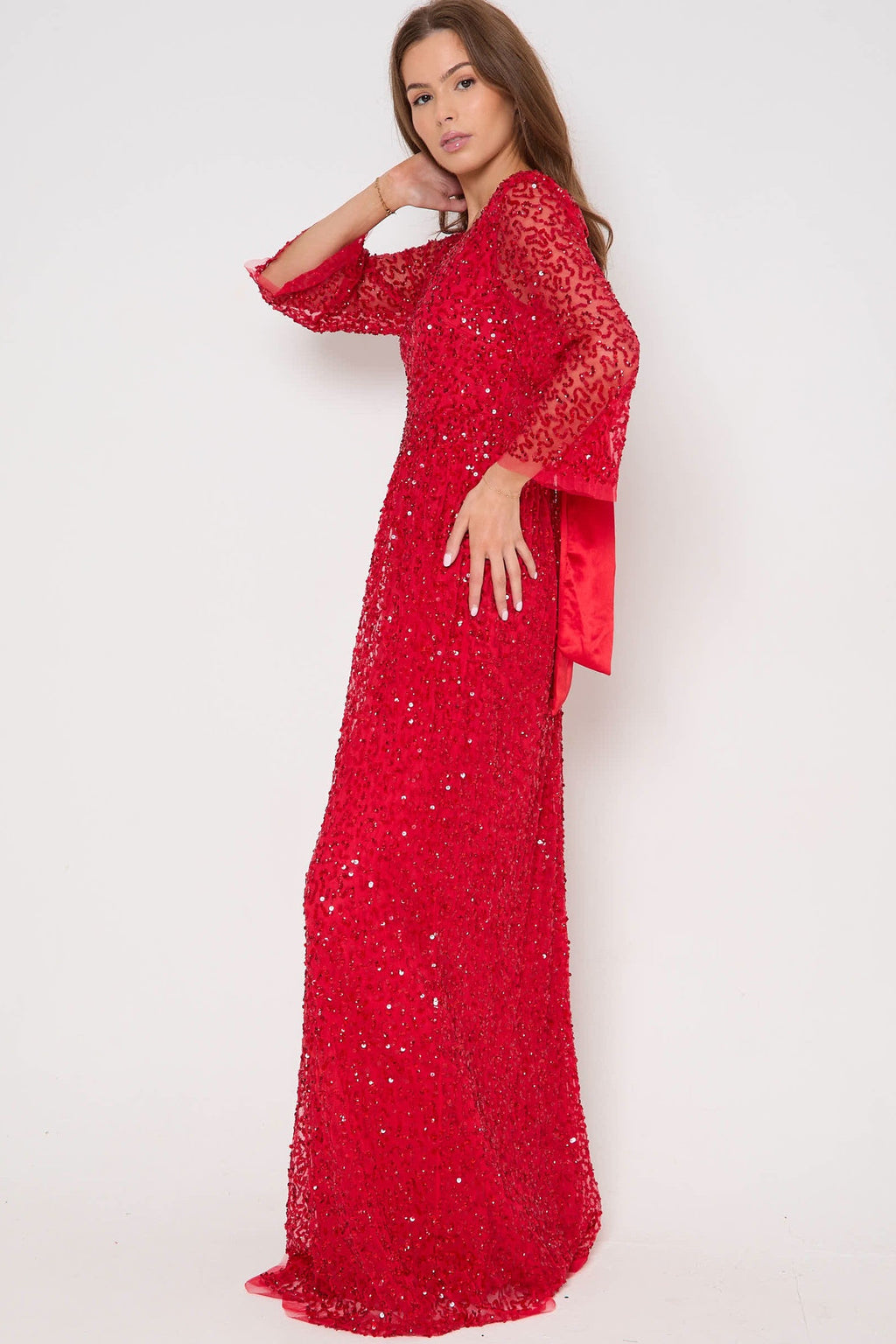 Red Sequin Angel Sleeve Open Back Maxi Dress-3