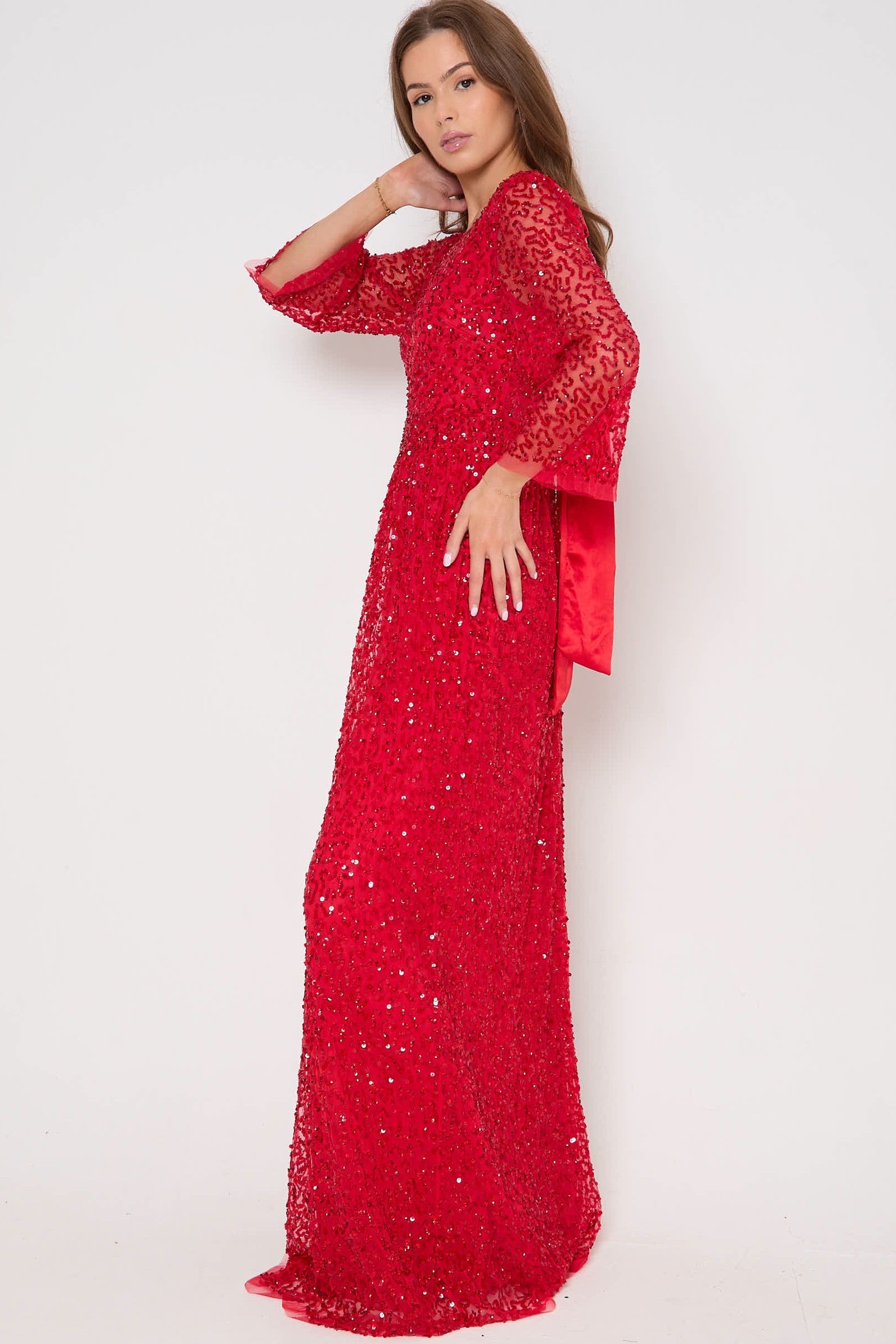 Red Sequin Angel Sleeve Open Back Maxi Dress-3
