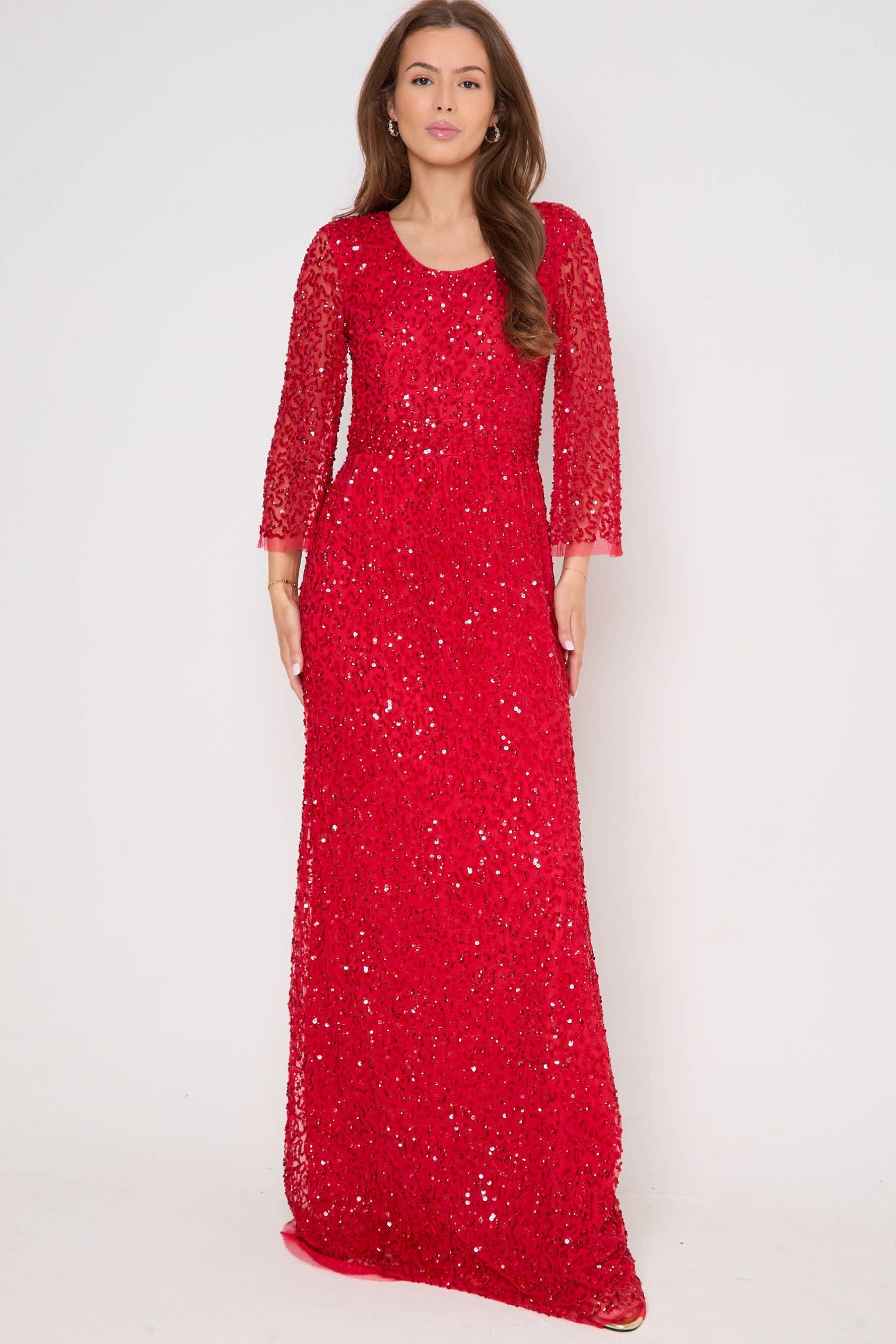 Red Sequin Angel Sleeve Open Back Maxi Dress-0