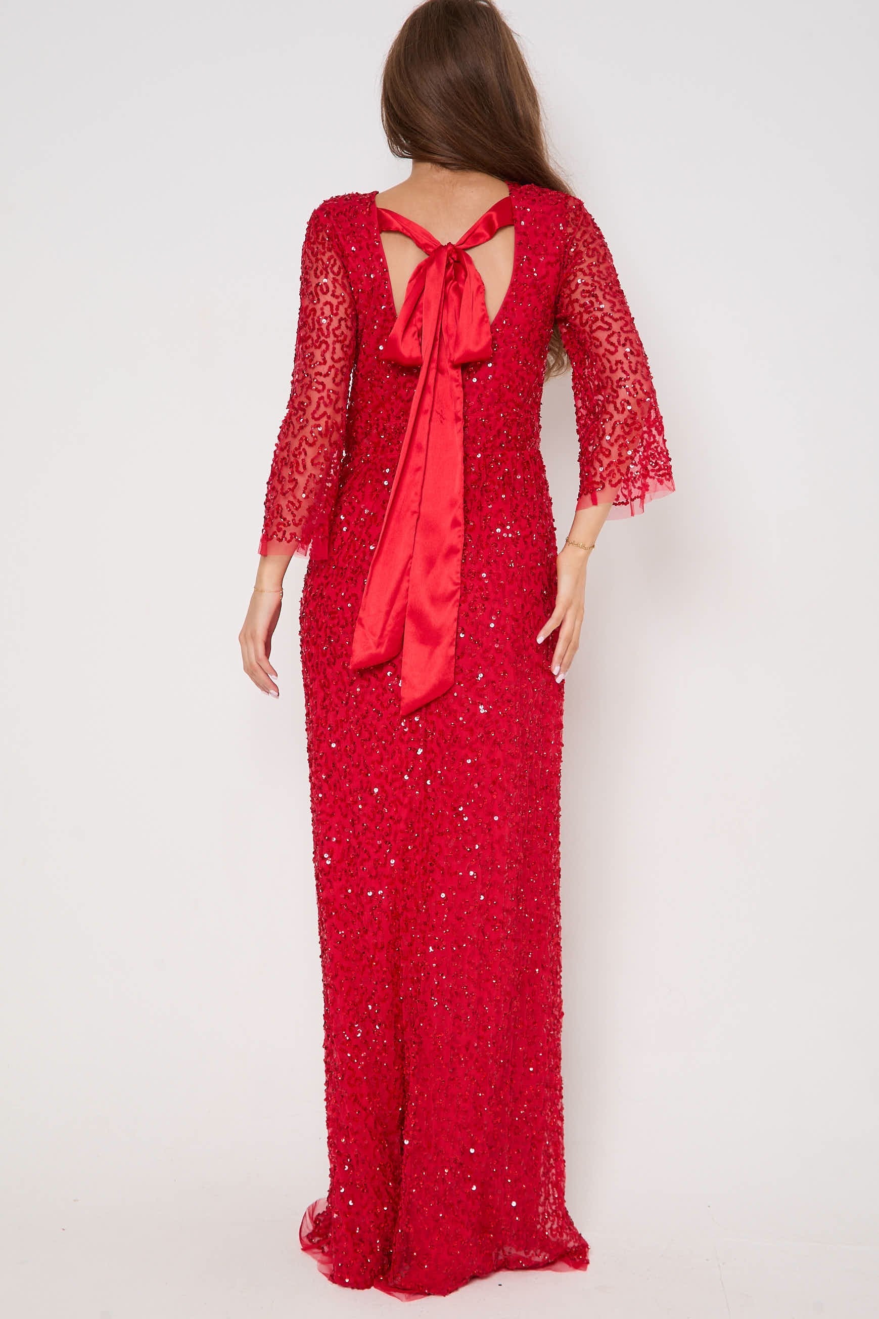 Red Sequin Angel Sleeve Open Back Maxi Dress-1