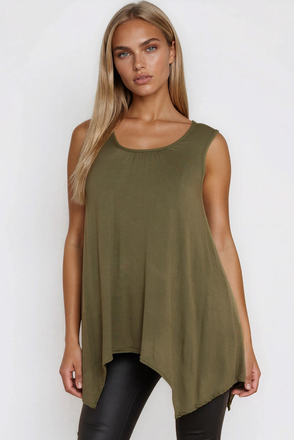 Khaki Sleeveless Top With Asymmetric Hem-0