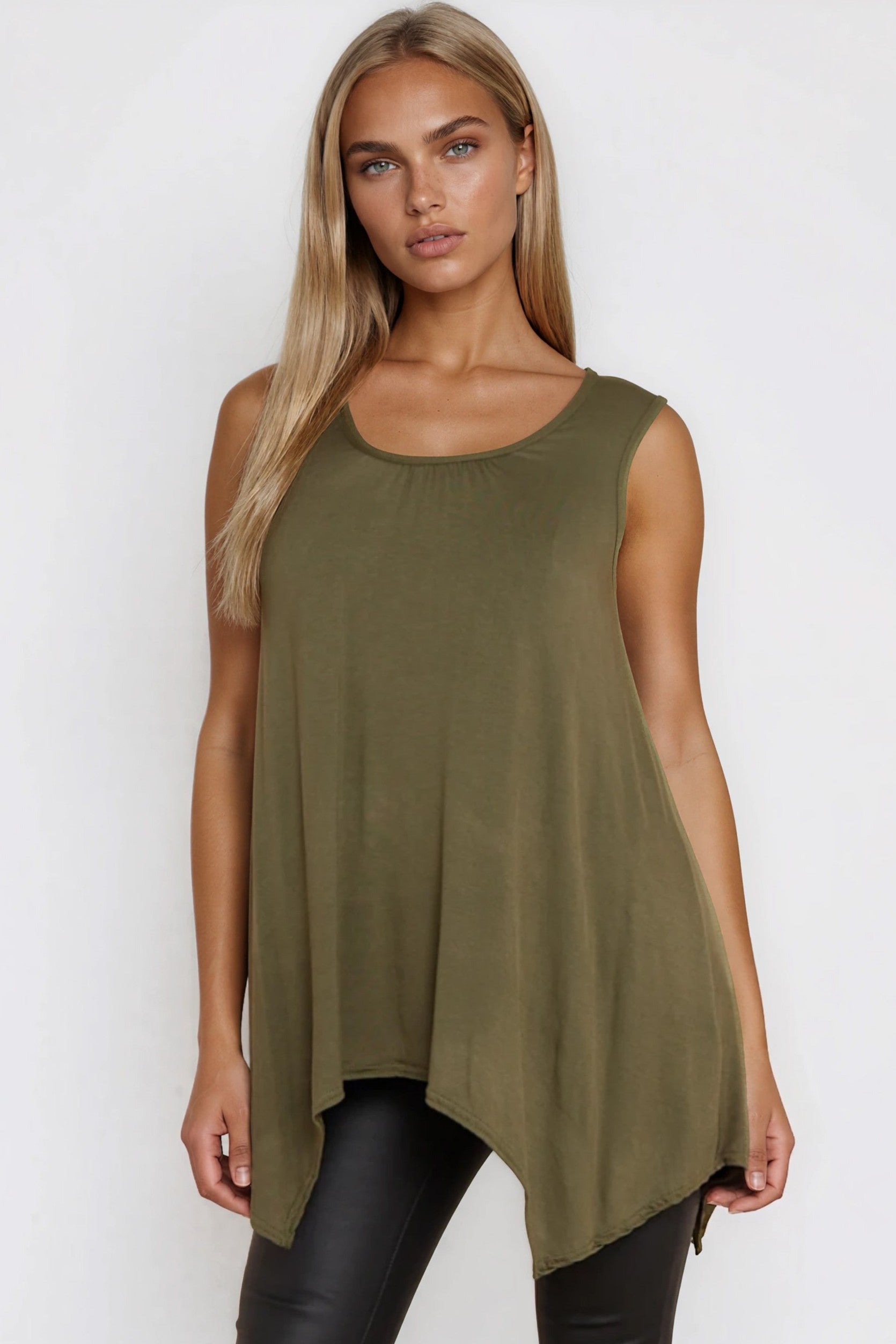 Khaki Sleeveless Top With Asymmetric Hem-0