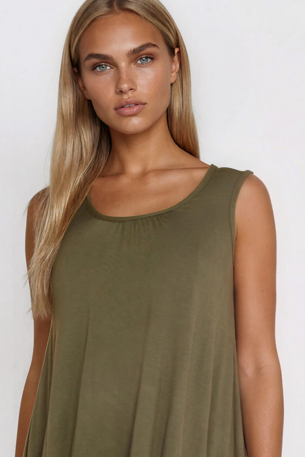 Khaki Sleeveless Top With Asymmetric Hem-2