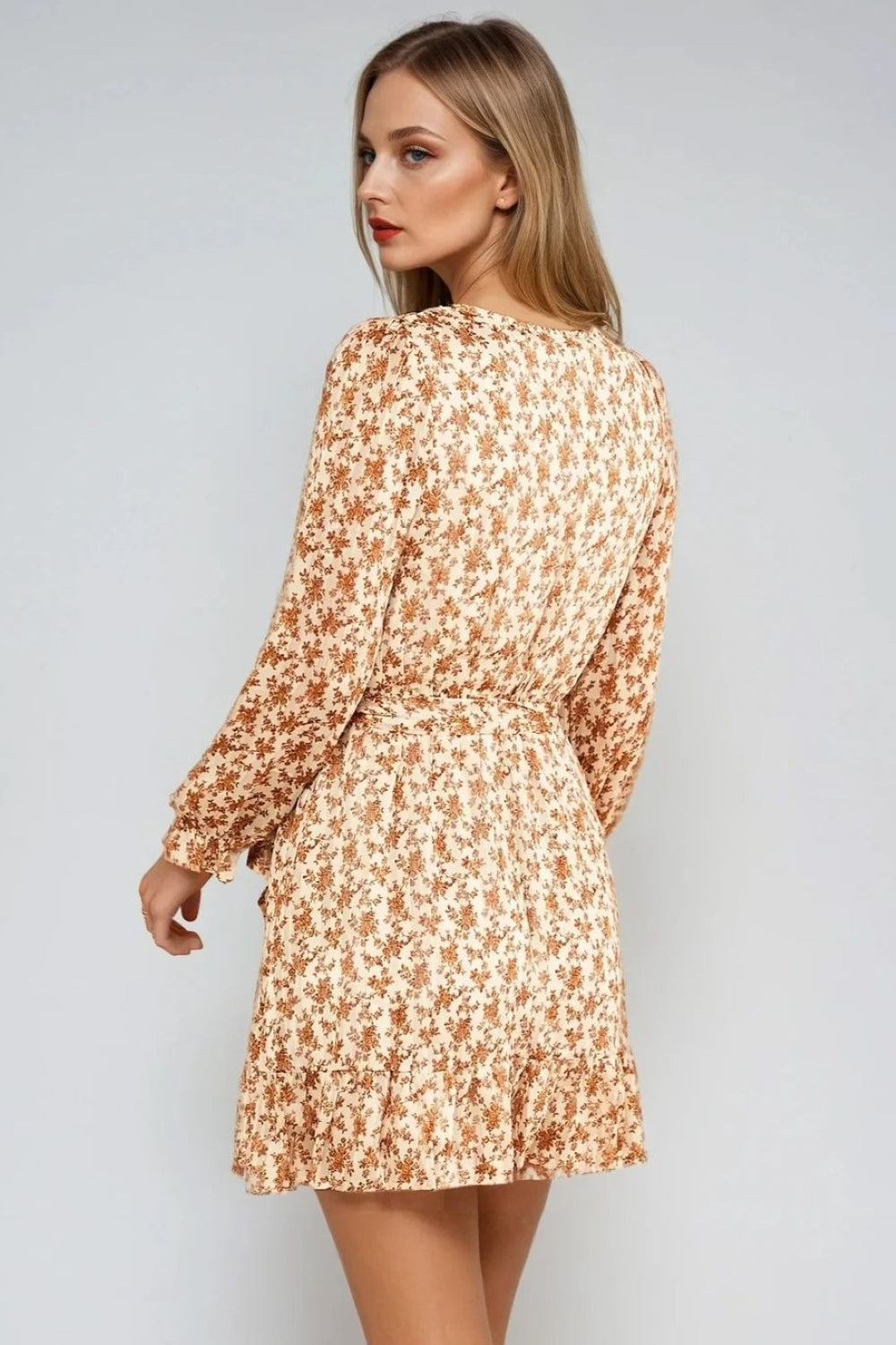 Beige Floral Wrap Mini Dress-2