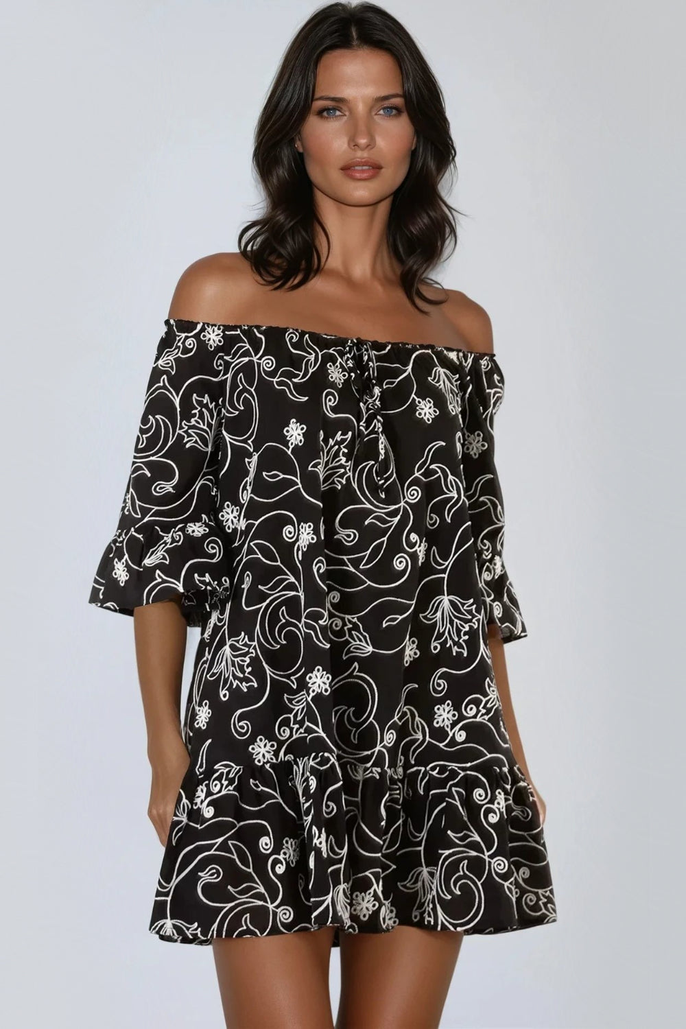Black Flower Embroidered Bardot Mini Dress-0
