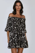 Black Flower Embroidered Bardot Mini Dress-0