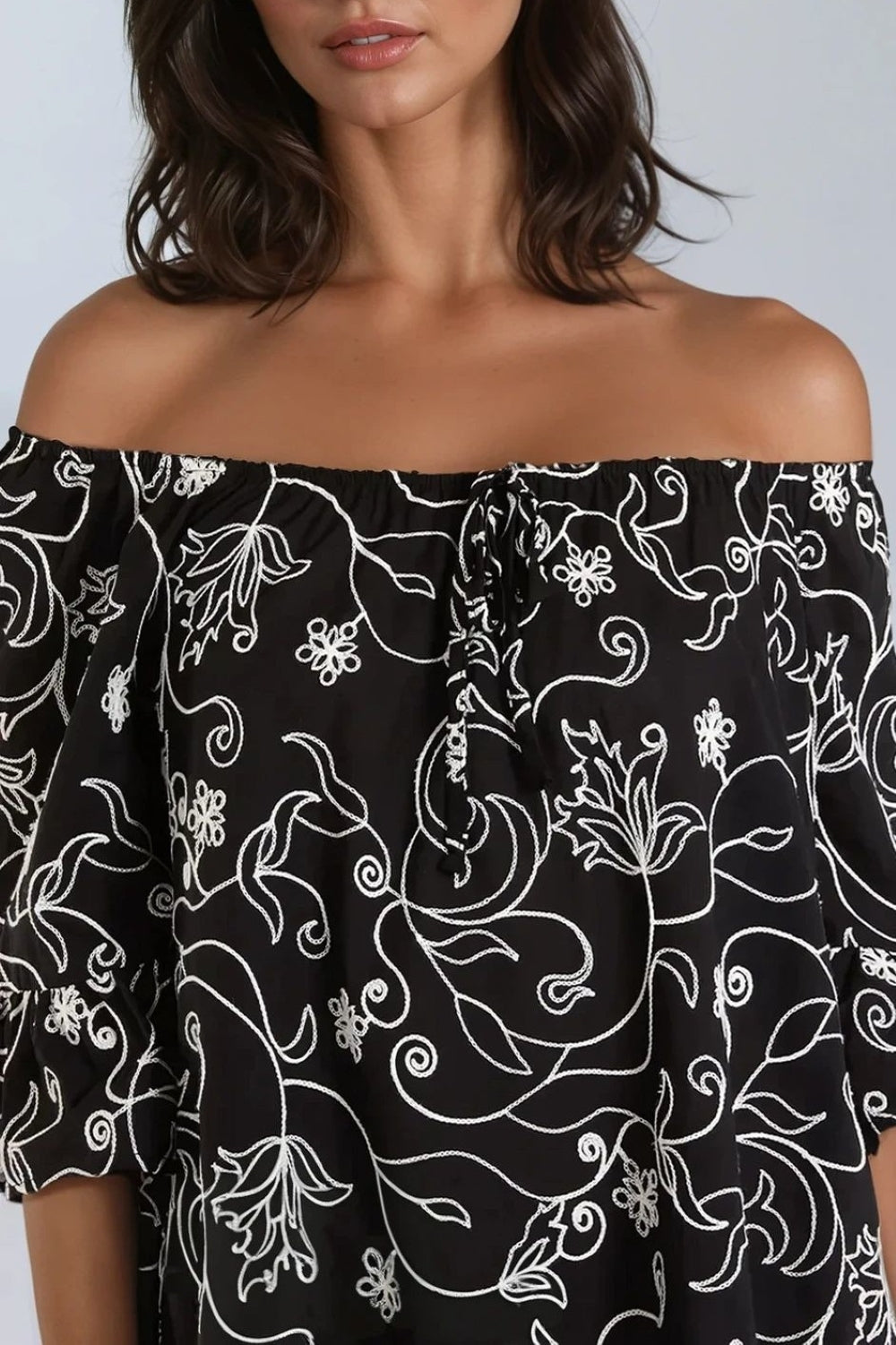 Black Flower Embroidered Bardot Mini Dress-1
