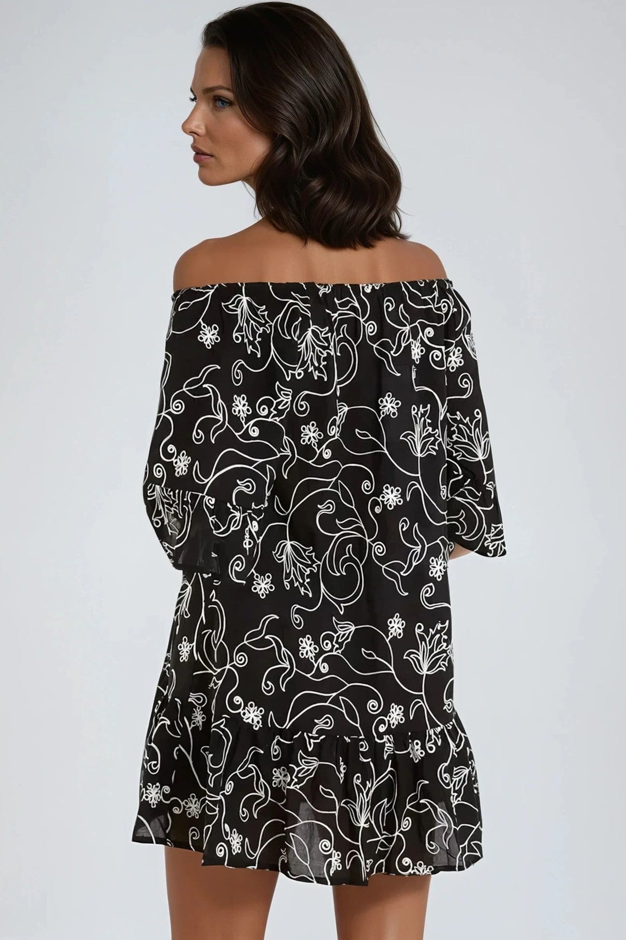 Black Flower Embroidered Bardot Mini Dress-2
