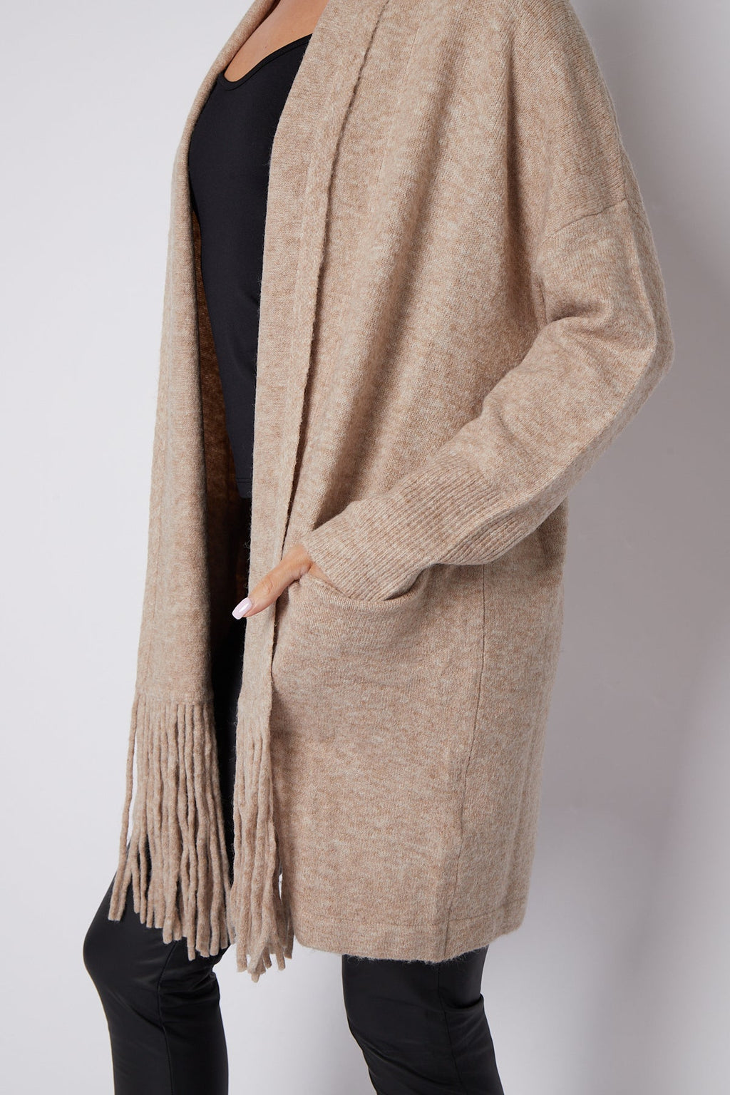Beige Fringed Tassel Cardigan with Shawl Collar-2