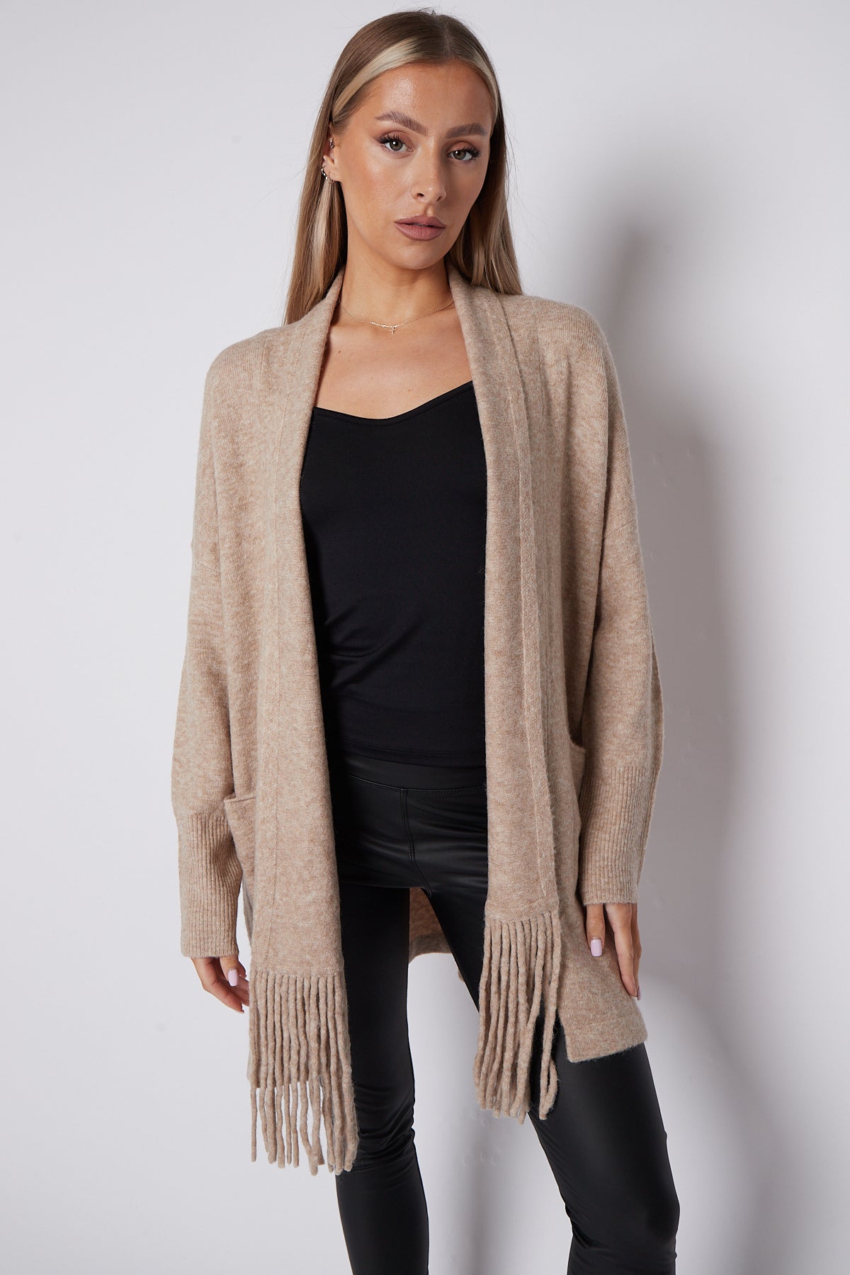 Beige Fringed Tassel Cardigan with Shawl Collar-0