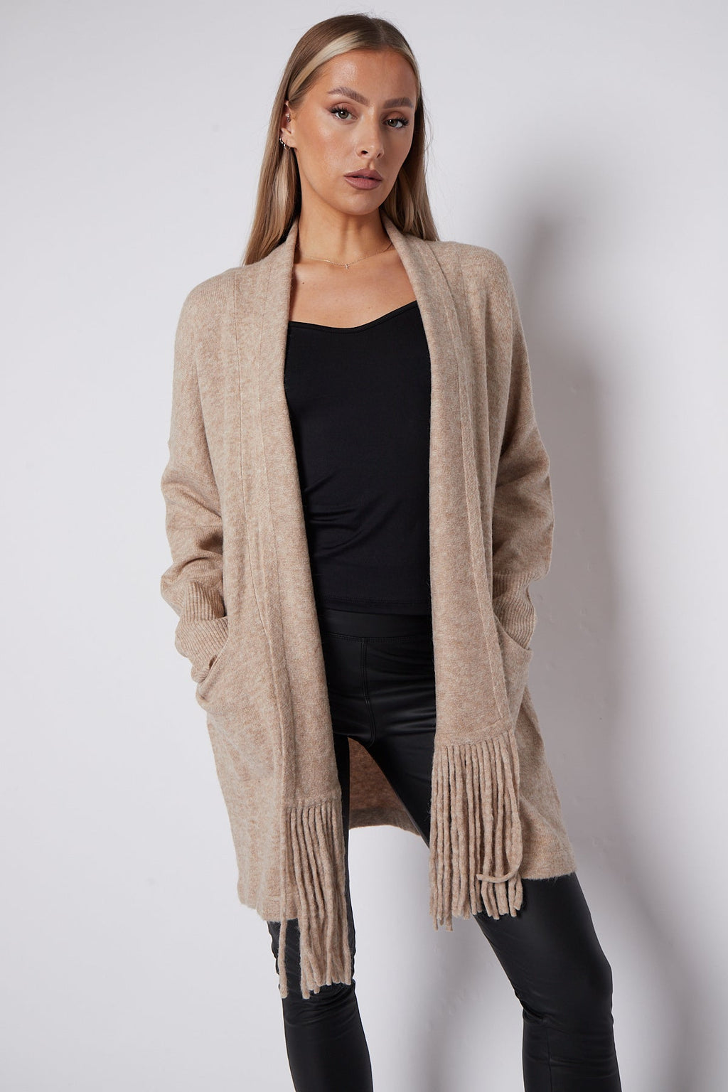 Beige Fringed Tassel Cardigan with Shawl Collar-1