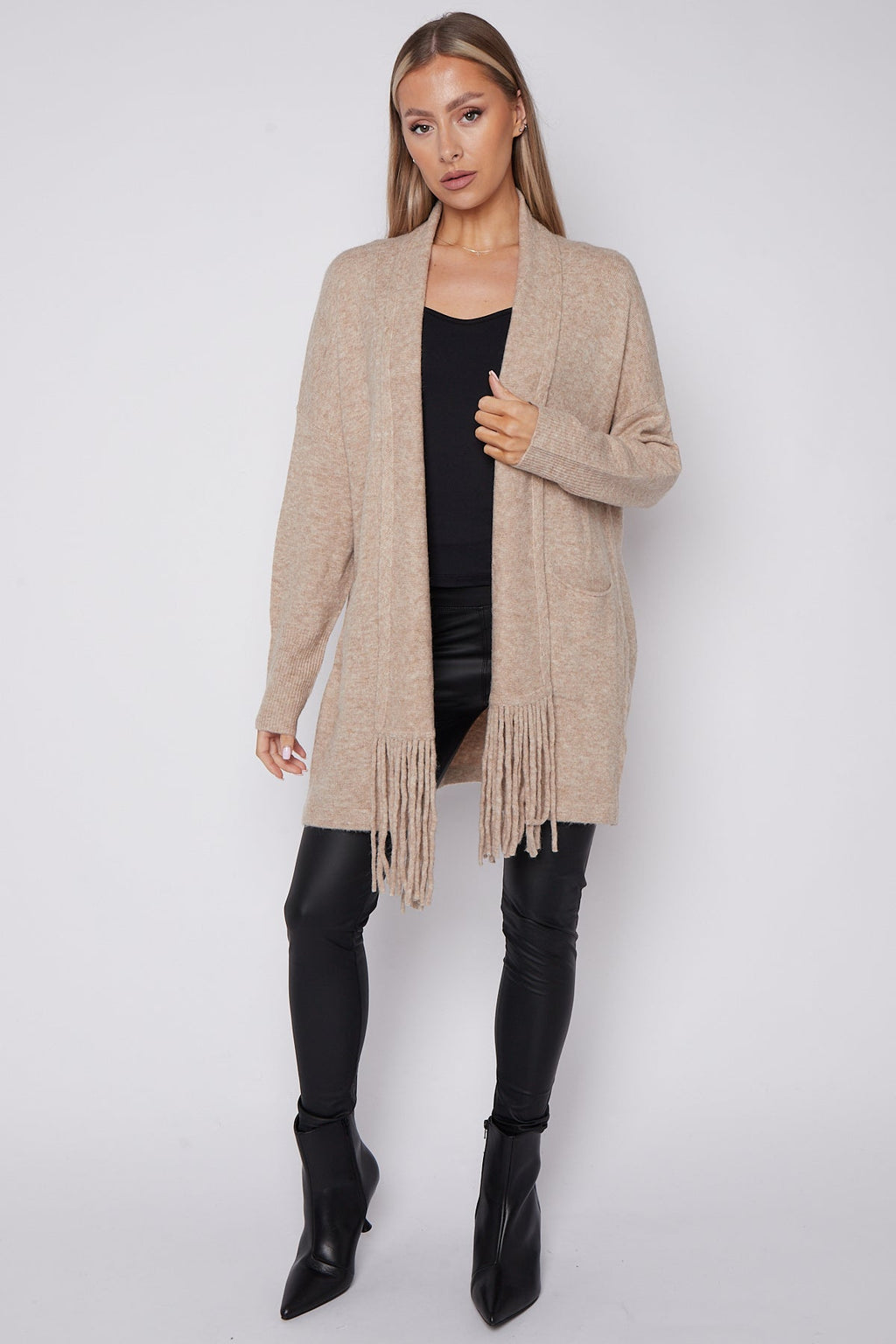 Beige Fringed Tassel Cardigan with Shawl Collar-4