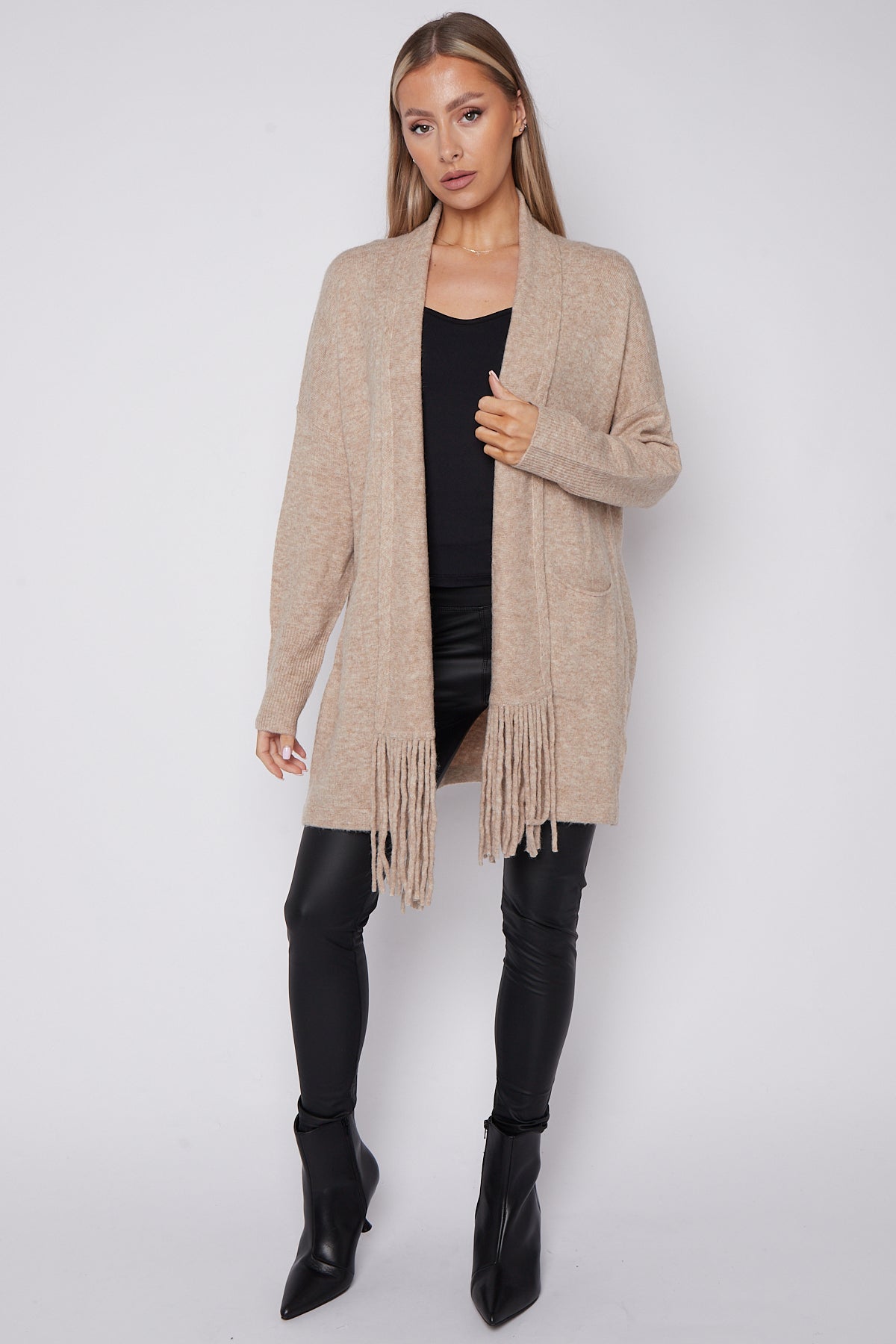 Beige Fringed Tassel Cardigan with Shawl Collar-4