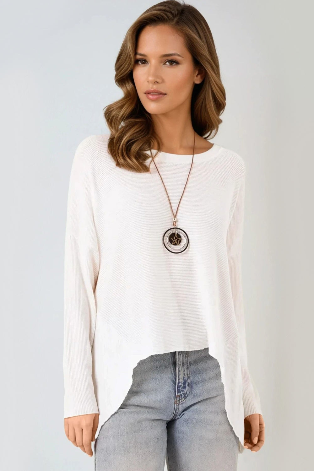 White Fine Knit Jumper With Necklace-0