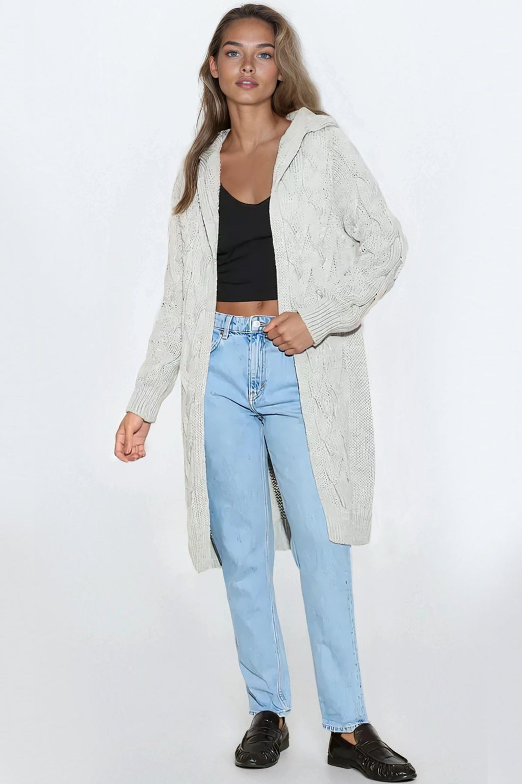 Silver Grey Hooded Cable Knitted Longline Cardigan-0