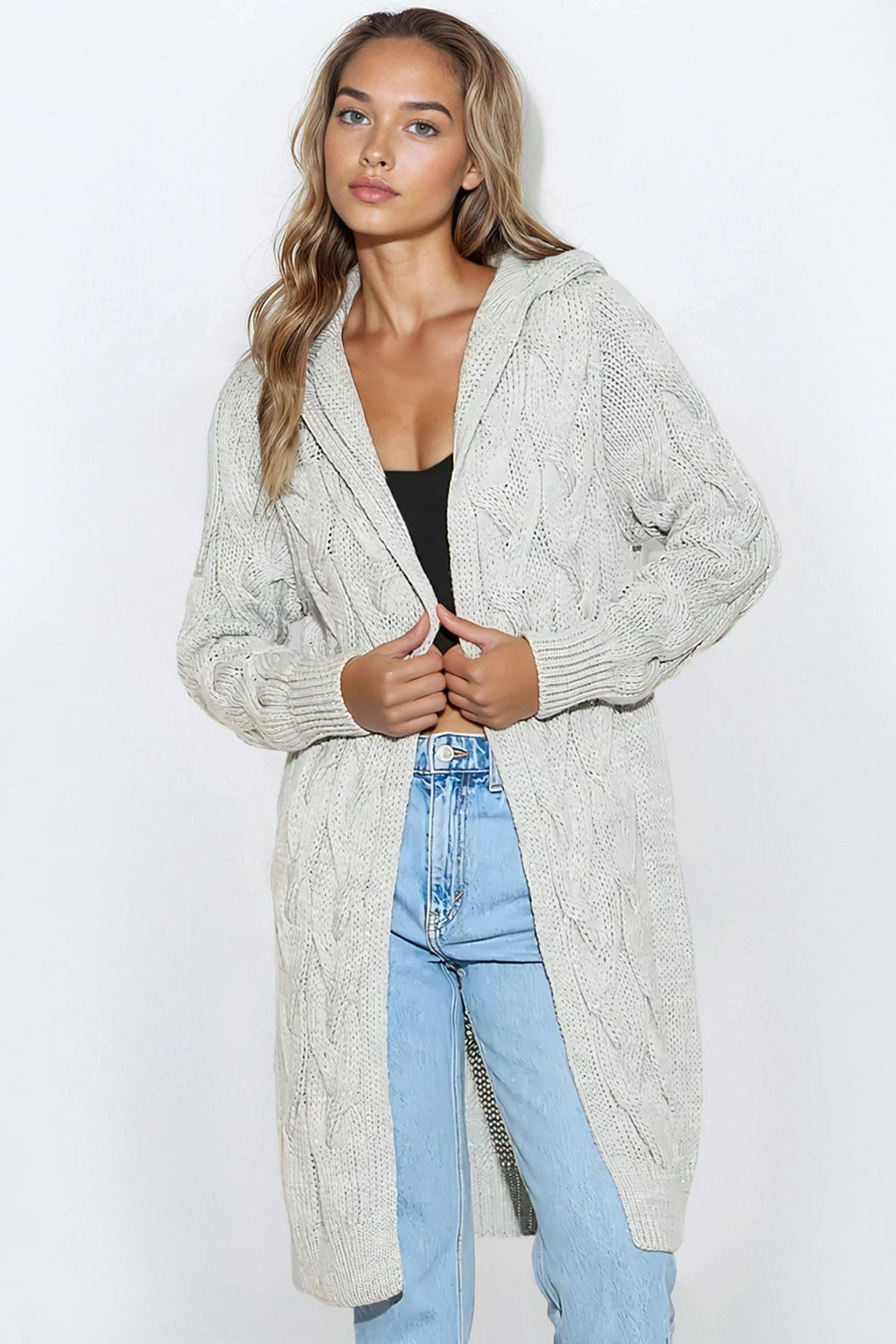 Silver Grey Hooded Cable Knitted Longline Cardigan-1